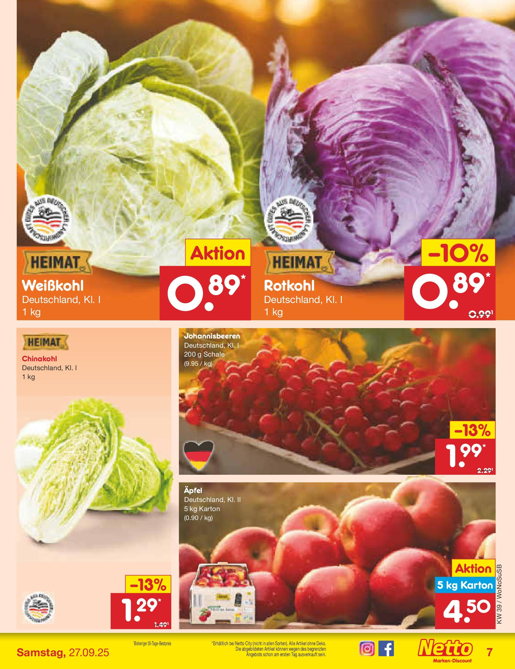Netto Marken-Discount prospekt Rodgau	 (ab 21.09.2025) » Angebote | Seite: 7 | Produkte: Rotkohl, Äpfel, Chinakohl