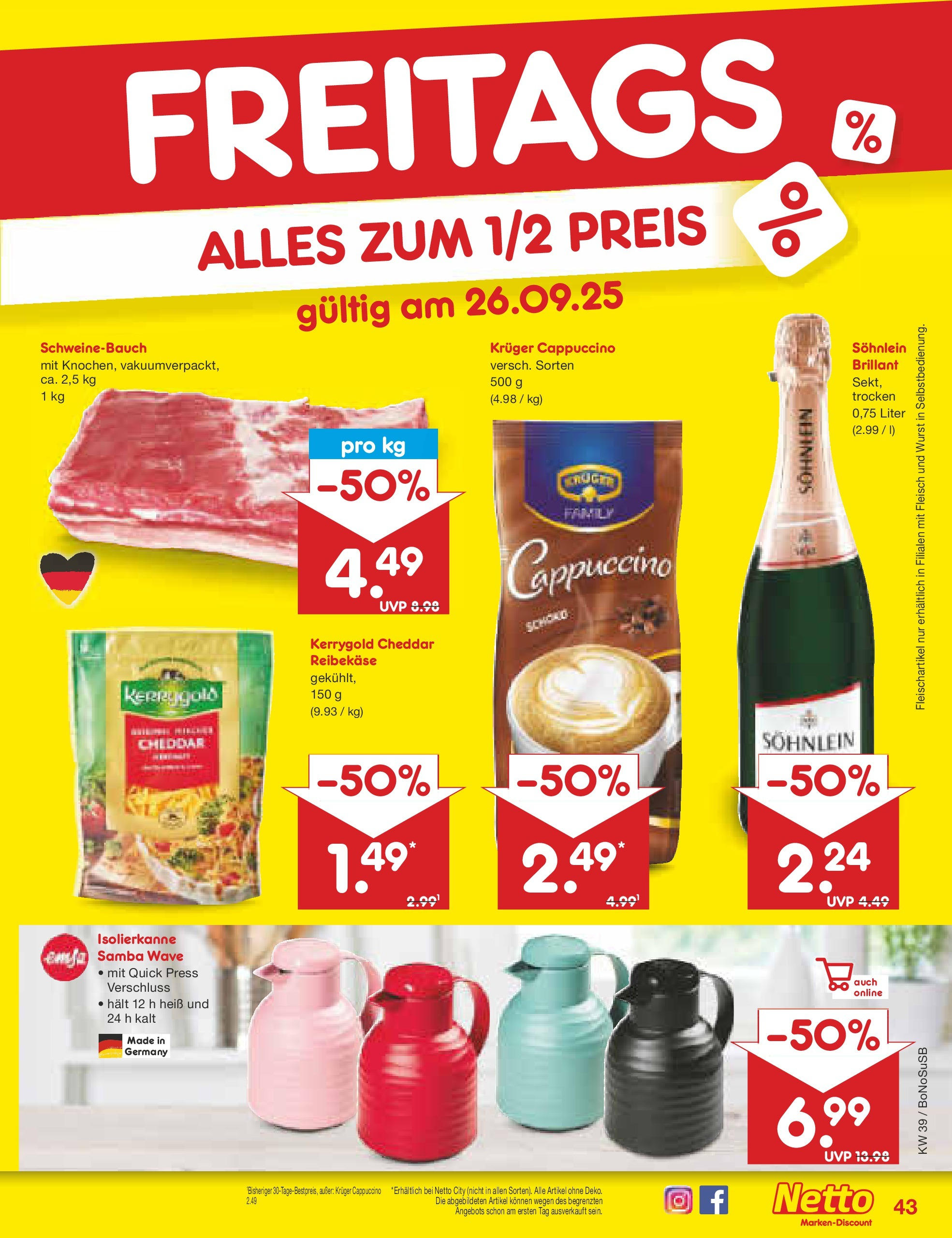 Netto Marken-Discount prospekt Herne	 (ab 22.09.2025) » Angebote | Seite: 43 | Produkte: Schweinebauch, Wurst, Reibekase, Fleisch