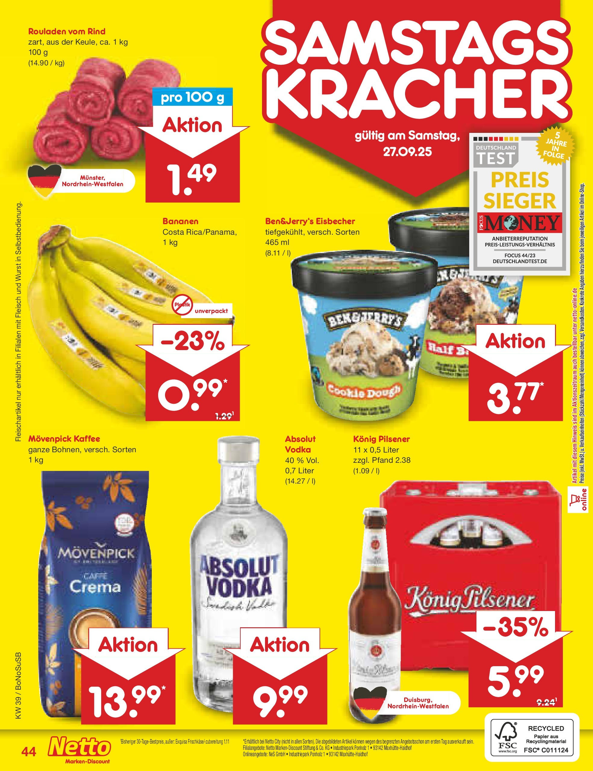 Netto Marken-Discount prospekt Herne	 (ab 22.09.2025) » Angebote | Seite: 44 | Produkte: Konig pilsener, Exquisa, Movenpick kaffee, Fleisch