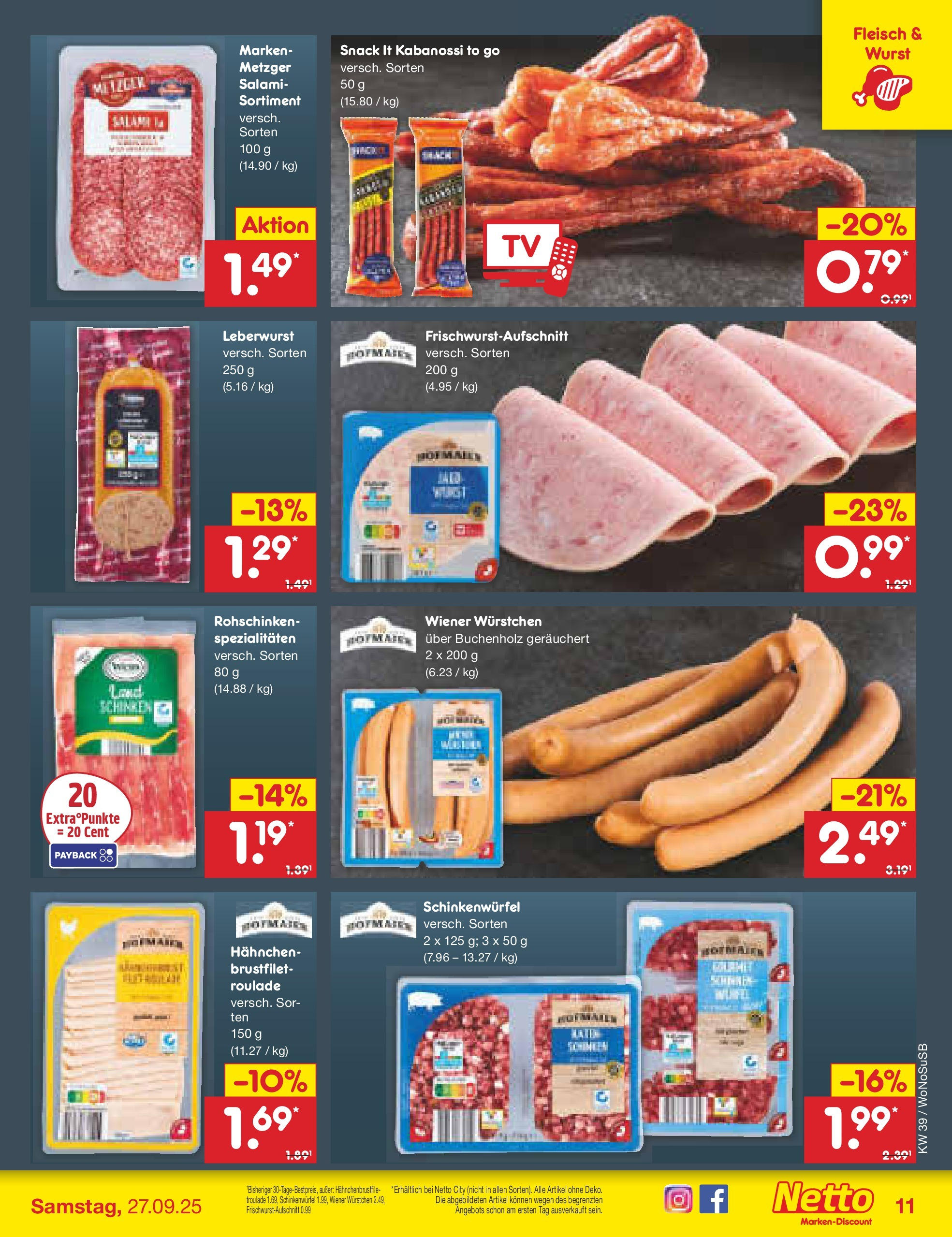 Netto Marken-Discount prospekt Rodgau	 (ab 21.09.2025) » Angebote | Seite: 13 | Produkte: Hahnchen, Wiener wurstchen, Salami, Fleisch