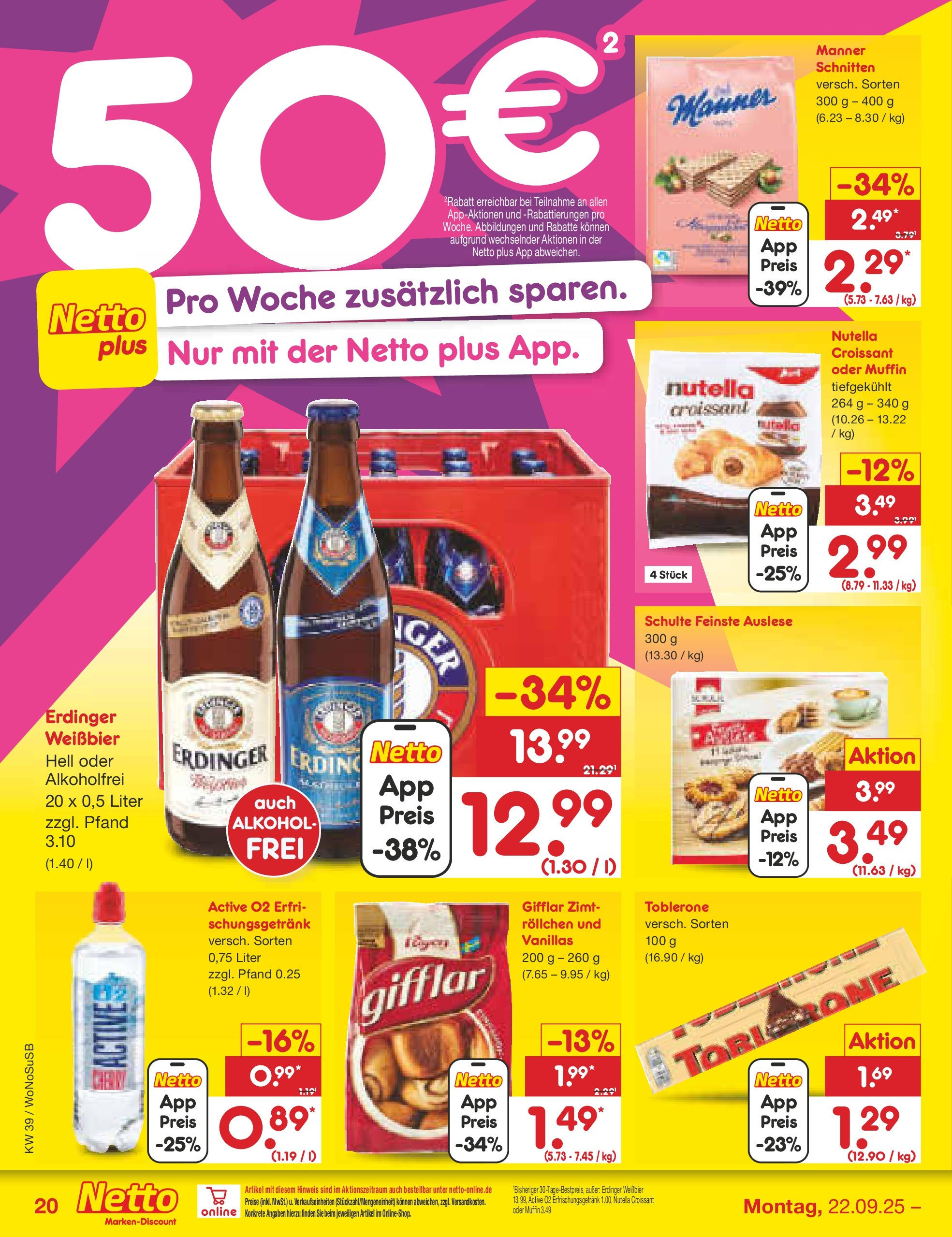 Netto Marken-Discount prospekt Rodgau	 (ab 21.09.2025) » Angebote | Seite: 22 | Produkte: Erdinger, Weißbier, Croissant, Nutella