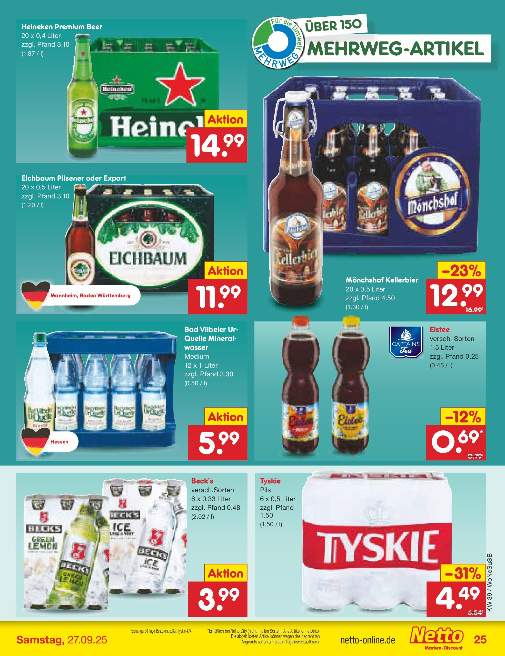 Netto Marken-Discount prospekt Rodgau	 (ab 21.09.2025) » Angebote | Seite: 27 | Produkte: Tyskie, Pils, Heineken, Wasser