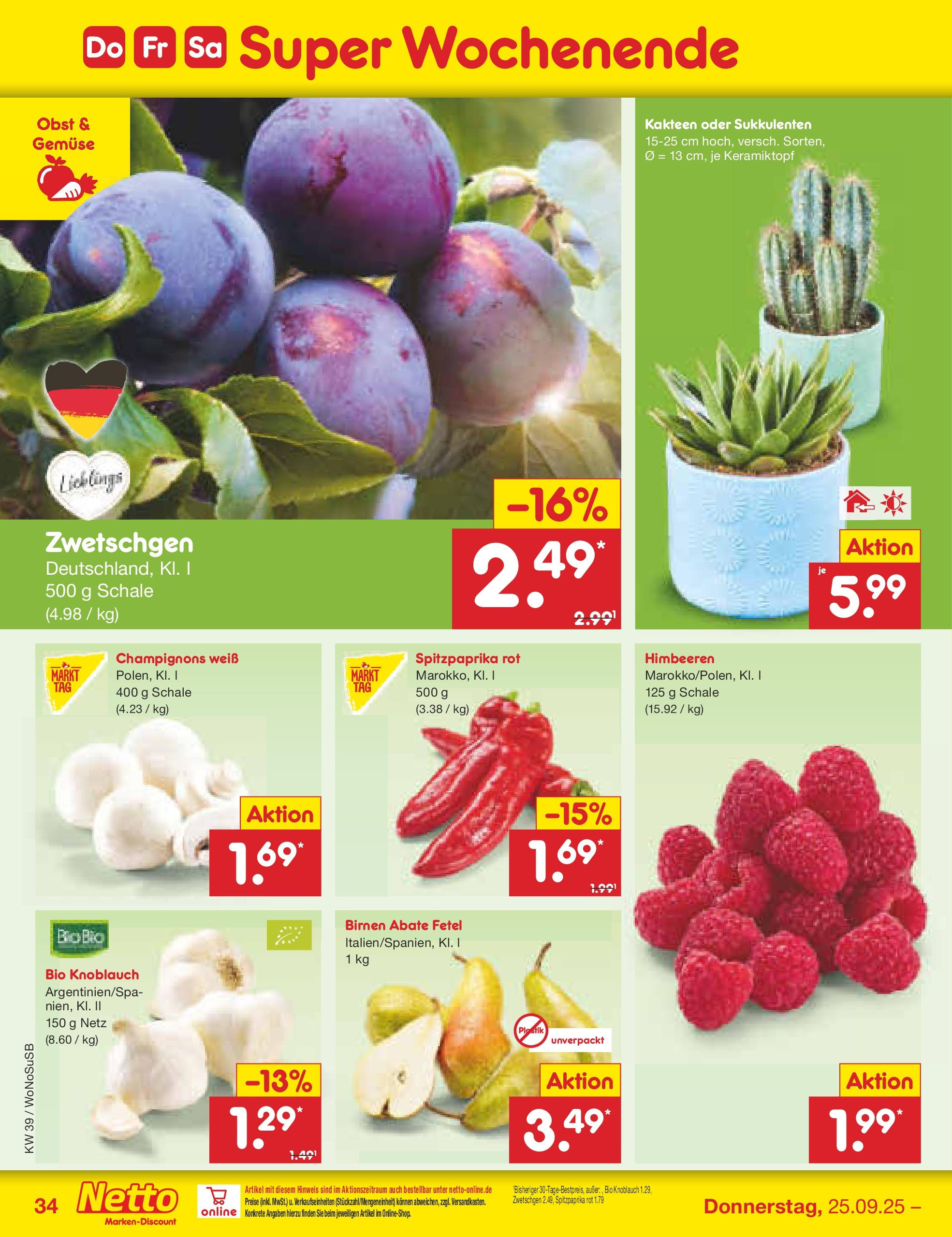 Netto Marken-Discount prospekt Rodgau	 (ab 21.09.2025) » Angebote | Seite: 38 | Produkte: Zwetschgen, Champignons, Gemüse, Knoblauch