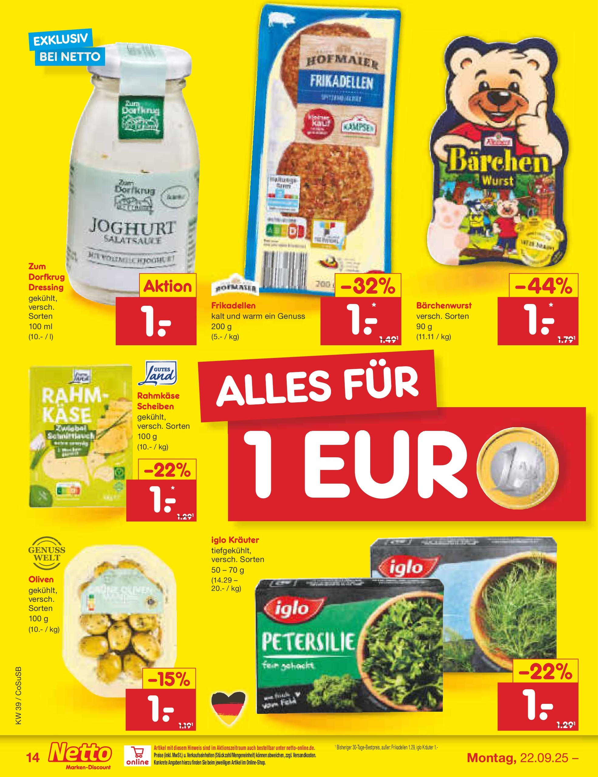 Netto Marken-Discount prospekt Bitterfeld-Wolfen (ab 21.09.2025) » Angebote | Seite: 14 | Produkte: Käse, Joghurt, Wurst, Petersilie Netto Marken-Discount prospekt Bitterfeld-Wolfen (ab 21.09.2025) » Angebote | Seite: 14 | Produkte: Käse, Joghurt, Wurst, Petersilie