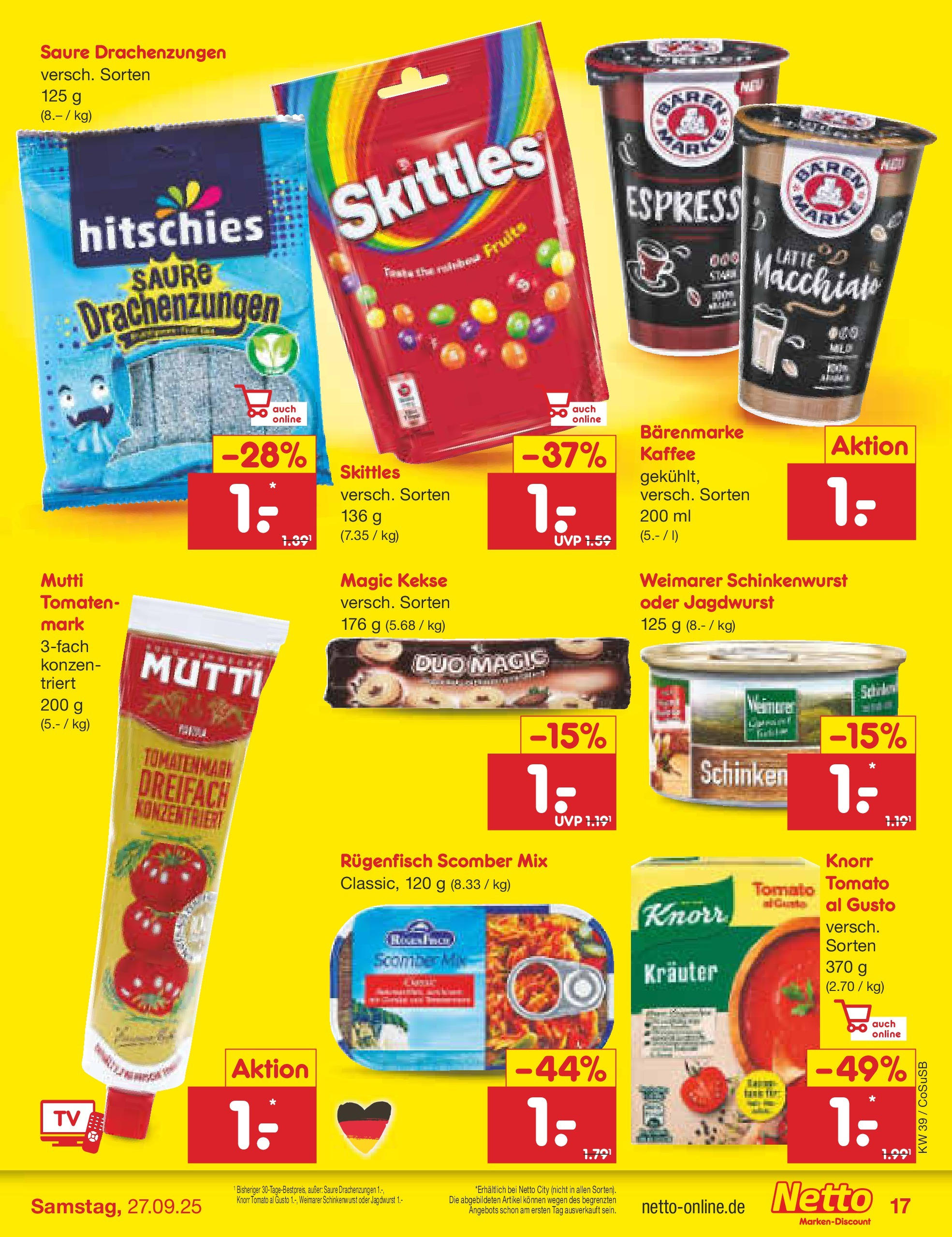 Netto Marken-Discount prospekt Bitterfeld-Wolfen (ab 21.09.2025) » Angebote | Seite: 17 | Produkte: Kaffee, Tomaten, Knorr, Kekse Netto Marken-Discount prospekt Bitterfeld-Wolfen (ab 21.09.2025) » Angebote | Seite: 17 | Produkte: Kaffee, Tomaten, Knorr, Kekse