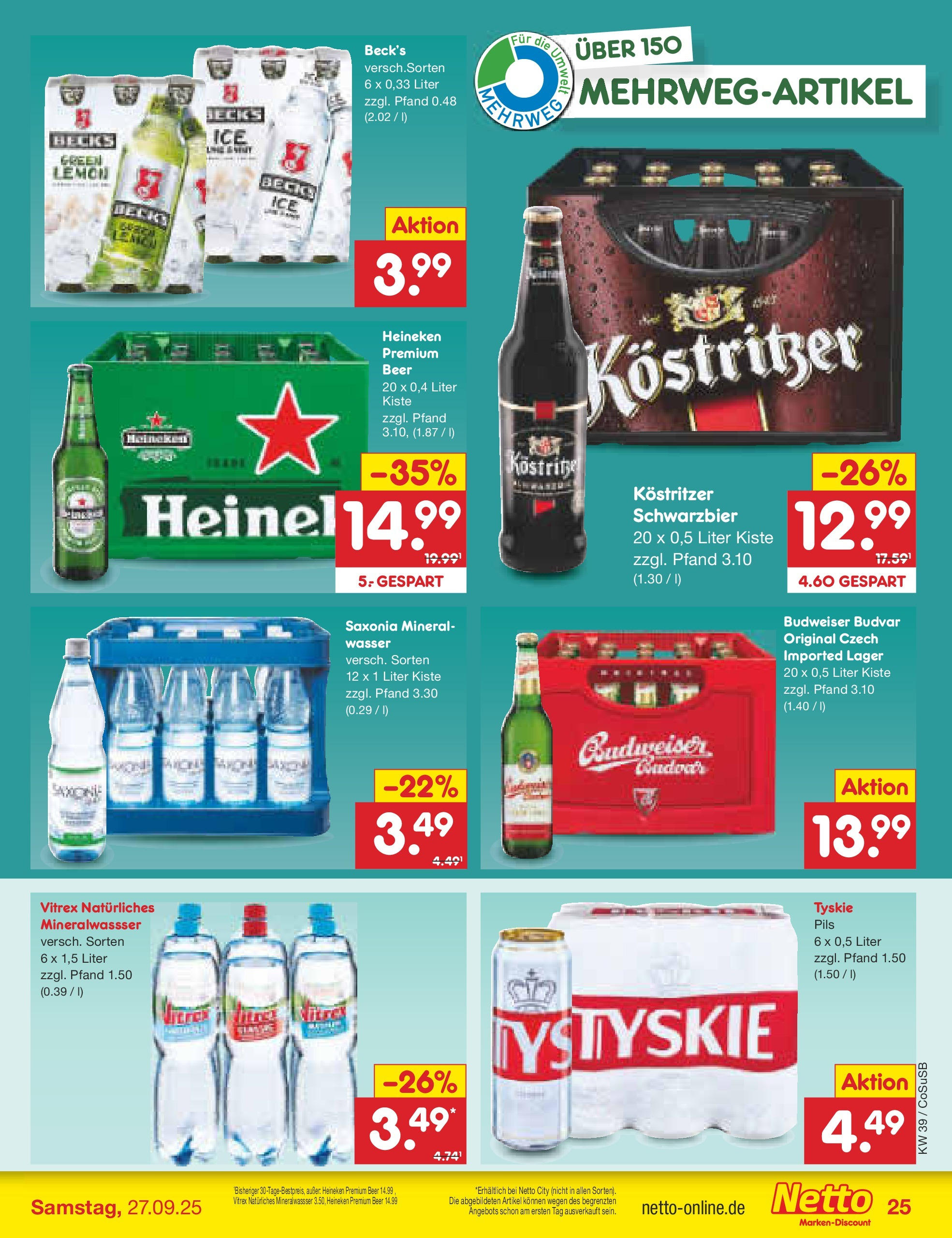 Netto Marken-Discount prospekt Bitterfeld-Wolfen (ab 21.09.2025) » Angebote | Seite: 25 | Produkte: Tyskie, Kostritzer, Pils, Budweiser Netto Marken-Discount prospekt Bitterfeld-Wolfen (ab 21.09.2025) » Angebote | Seite: 25 | Produkte: Tyskie, Kostritzer, Pils, Budweiser