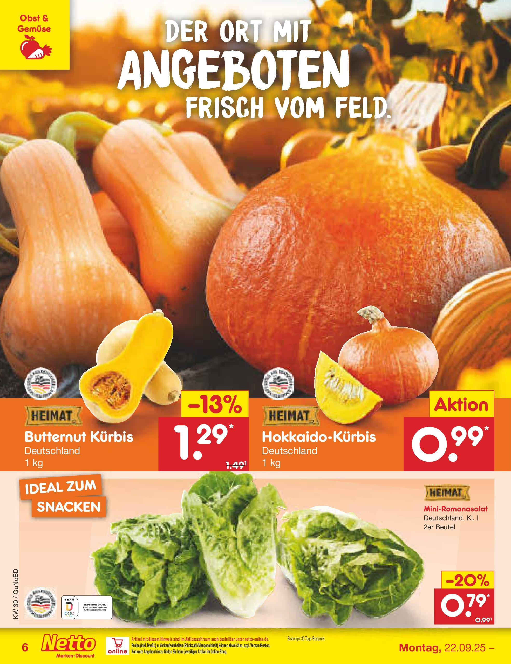 Netto Marken-Discount prospekt Augustusburg (ab 21.09.2025) » Angebote | Seite: 6 | Produkte: Gemüse, Obst, Kürbis Netto Marken-Discount prospekt Augustusburg (ab 21.09.2025) » Angebote | Seite: 6 | Produkte: Gemüse, Obst, Kürbis