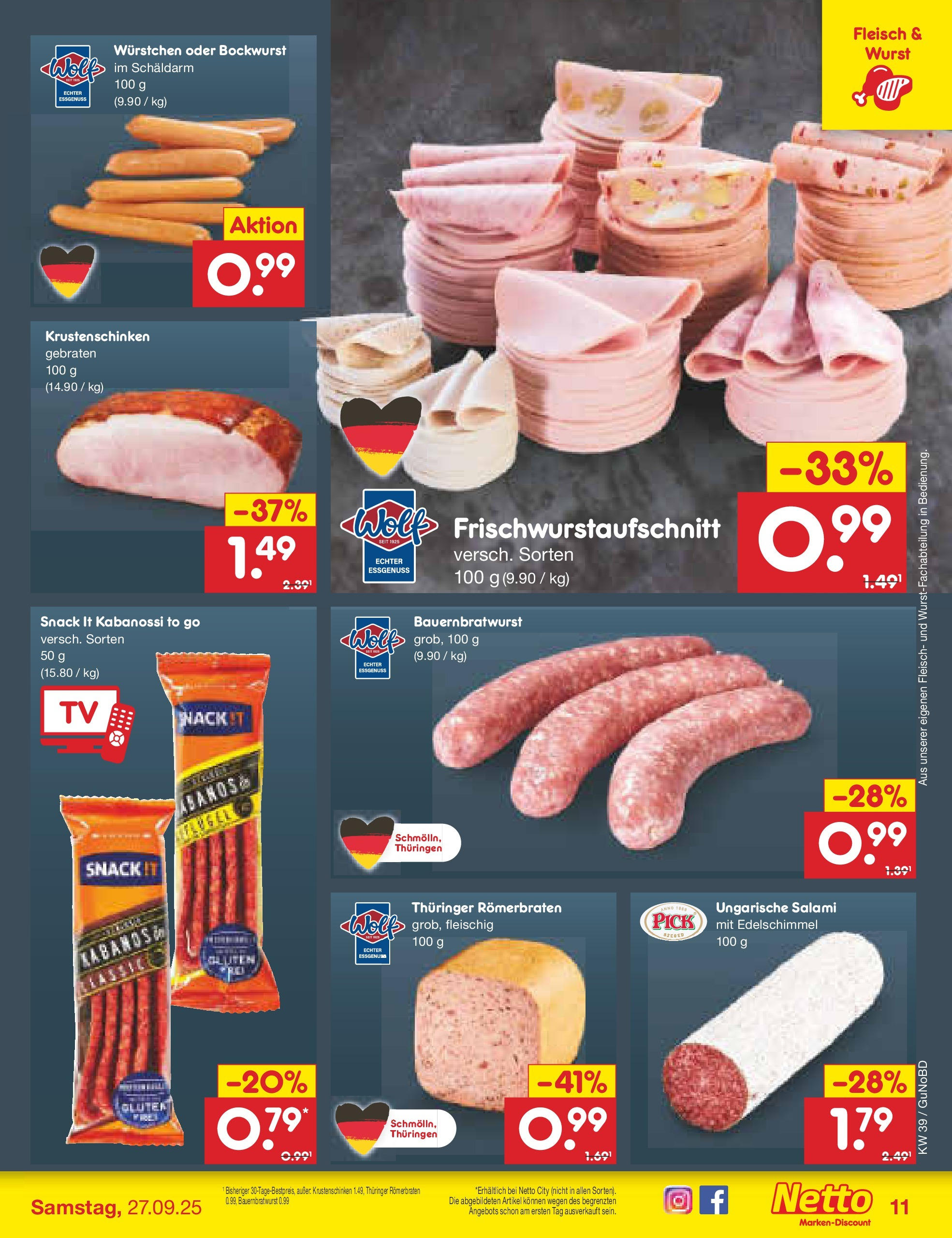 Netto Marken-Discount prospekt Augustusburg (ab 21.09.2025) » Angebote | Seite: 11 | Produkte: Bockwurst, Salami, Fleisch, TV Netto Marken-Discount prospekt Augustusburg (ab 21.09.2025) » Angebote | Seite: 11 | Produkte: Bockwurst, Salami, Fleisch, TV