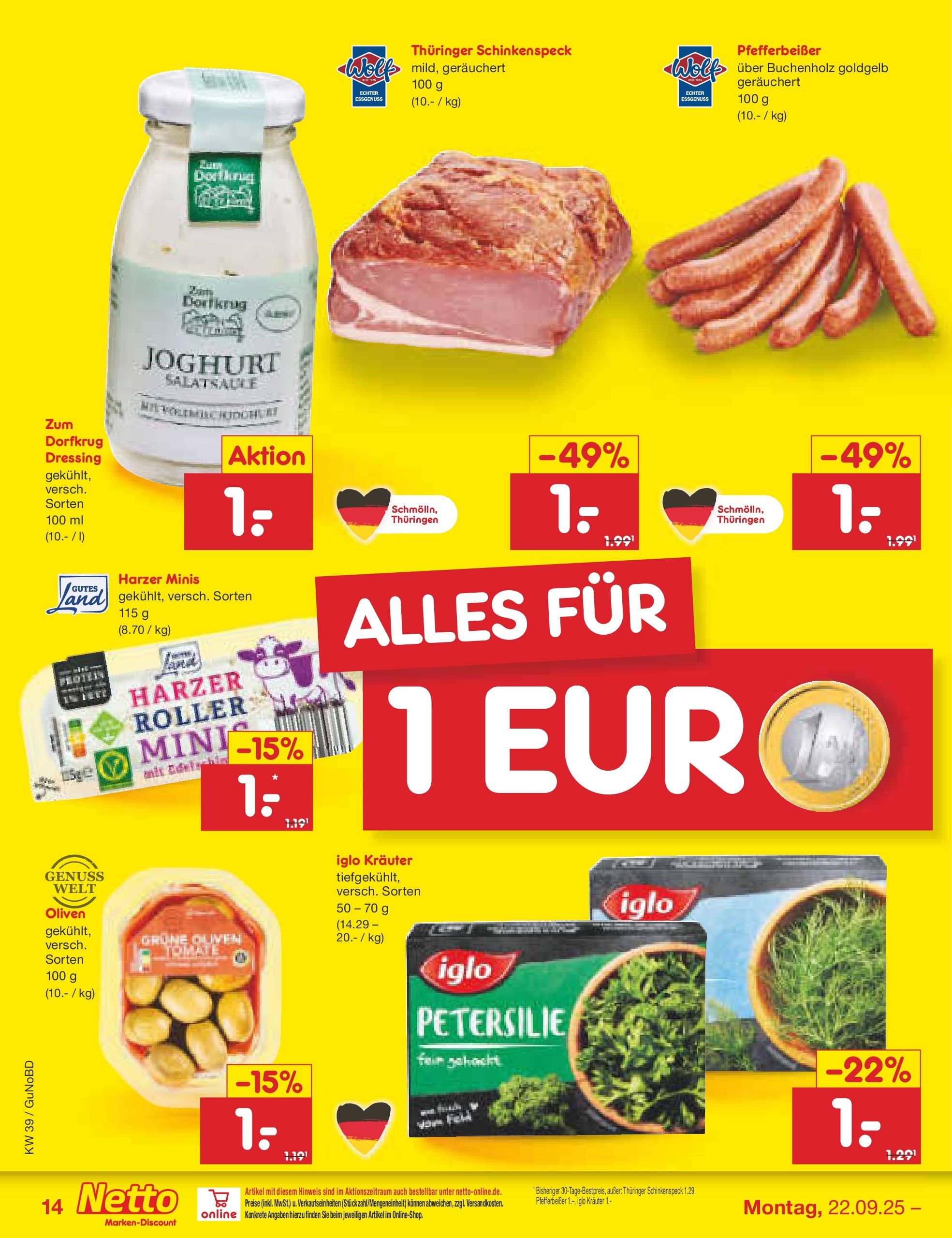 Netto Marken-Discount prospekt Augustusburg (ab 21.09.2025) » Angebote | Seite: 14 | Produkte: Joghurt, Iglo, Dressing, Petersilie Netto Marken-Discount prospekt Augustusburg (ab 21.09.2025) » Angebote | Seite: 14 | Produkte: Joghurt, Iglo, Dressing, Petersilie