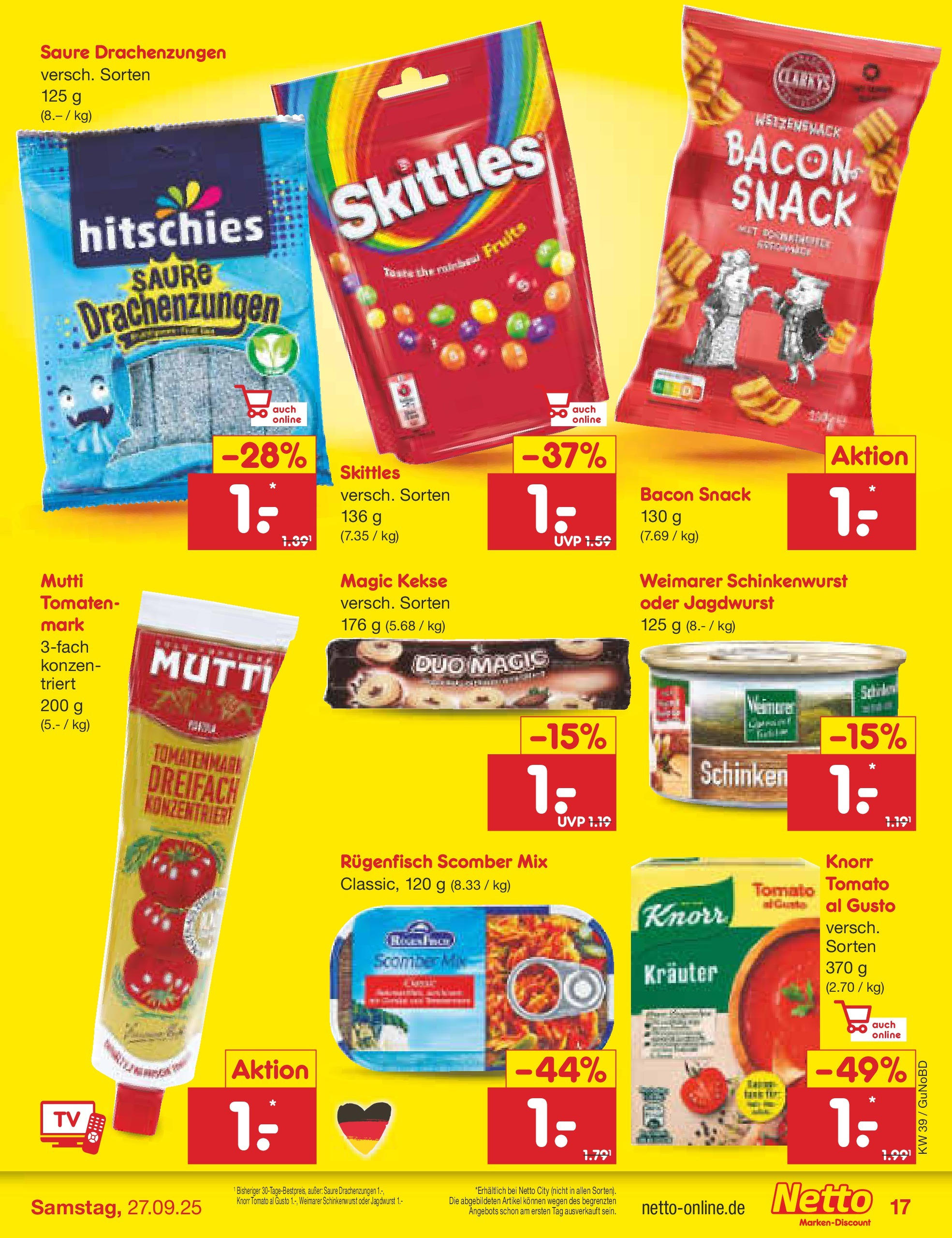 Netto Marken-Discount prospekt Augustusburg (ab 21.09.2025) » Angebote | Seite: 17 | Produkte: Tomaten, Knorr, Schinken, Kekse Netto Marken-Discount prospekt Augustusburg (ab 21.09.2025) » Angebote | Seite: 17 | Produkte: Tomaten, Knorr, Schinken, Kekse