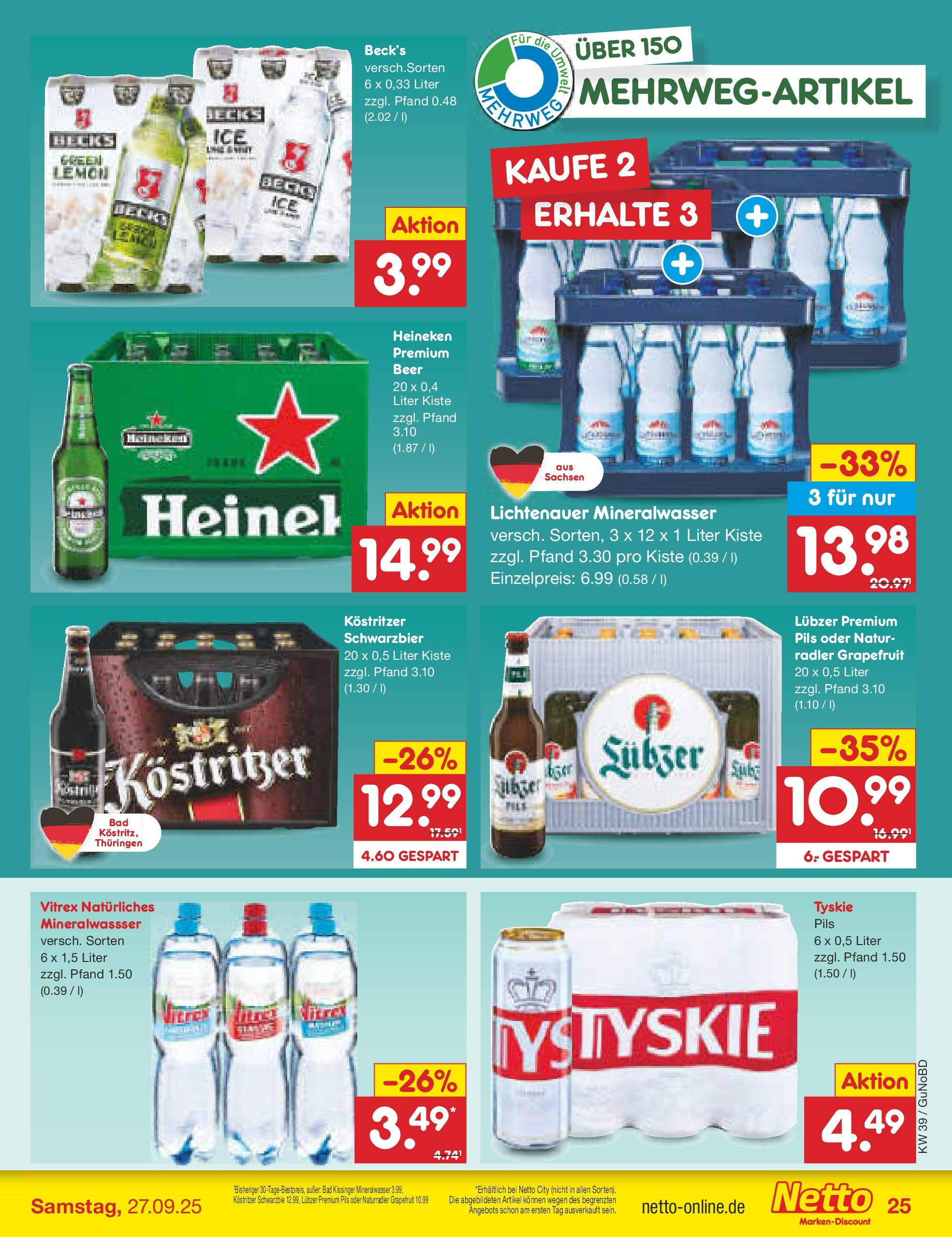 Netto Marken-Discount prospekt Augustusburg (ab 21.09.2025) » Angebote | Seite: 25 | Produkte: Kostritzer, Pils, Heineken, Grapefruit Netto Marken-Discount prospekt Augustusburg (ab 21.09.2025) » Angebote | Seite: 25 | Produkte: Kostritzer, Pils, Heineken, Grapefruit
