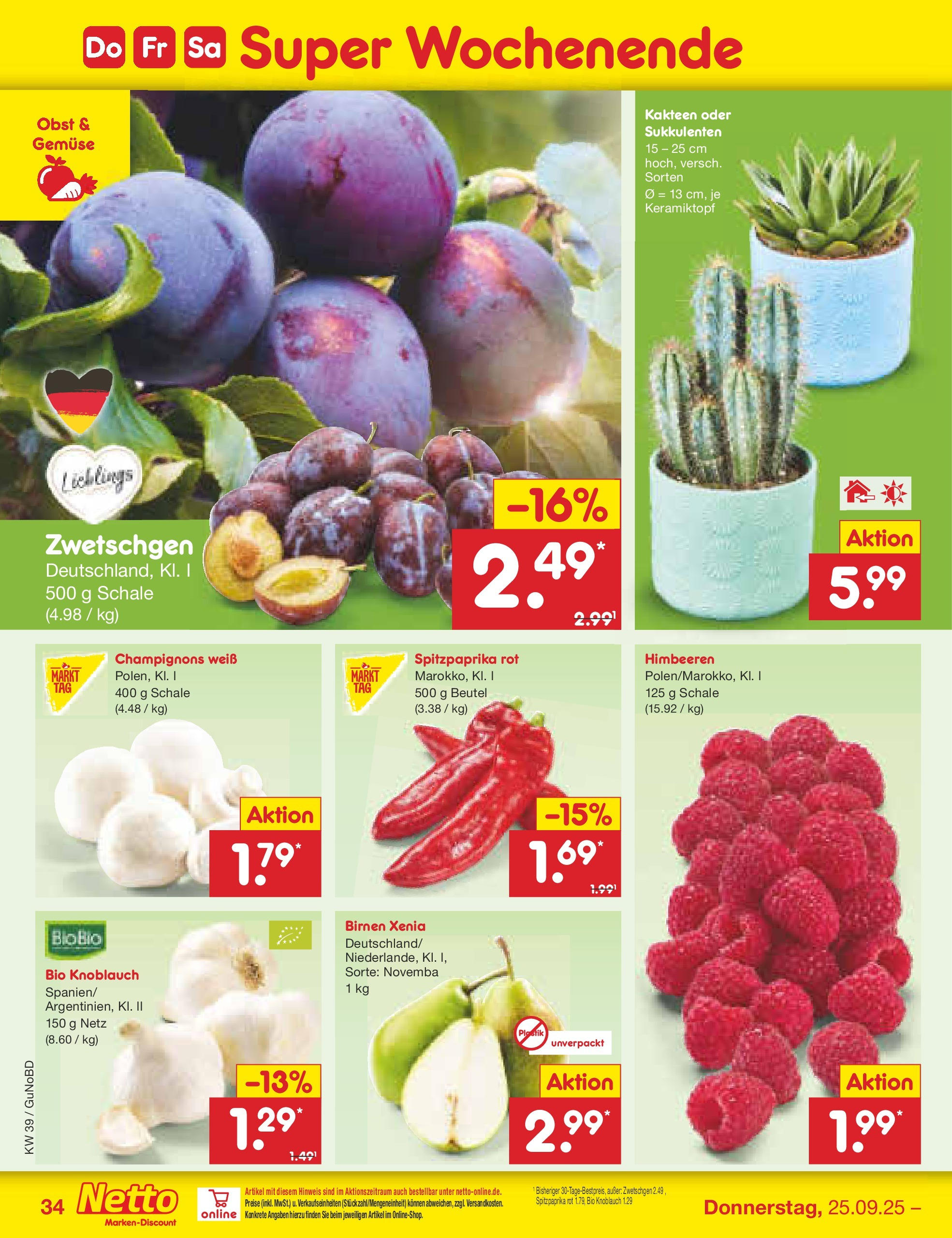 Netto Marken-Discount prospekt Augustusburg (ab 21.09.2025) » Angebote | Seite: 34 | Produkte: Zwetschgen, Champignons, Gemüse, Obst Netto Marken-Discount prospekt Augustusburg (ab 21.09.2025) » Angebote | Seite: 34 | Produkte: Zwetschgen, Champignons, Gemüse, Obst
