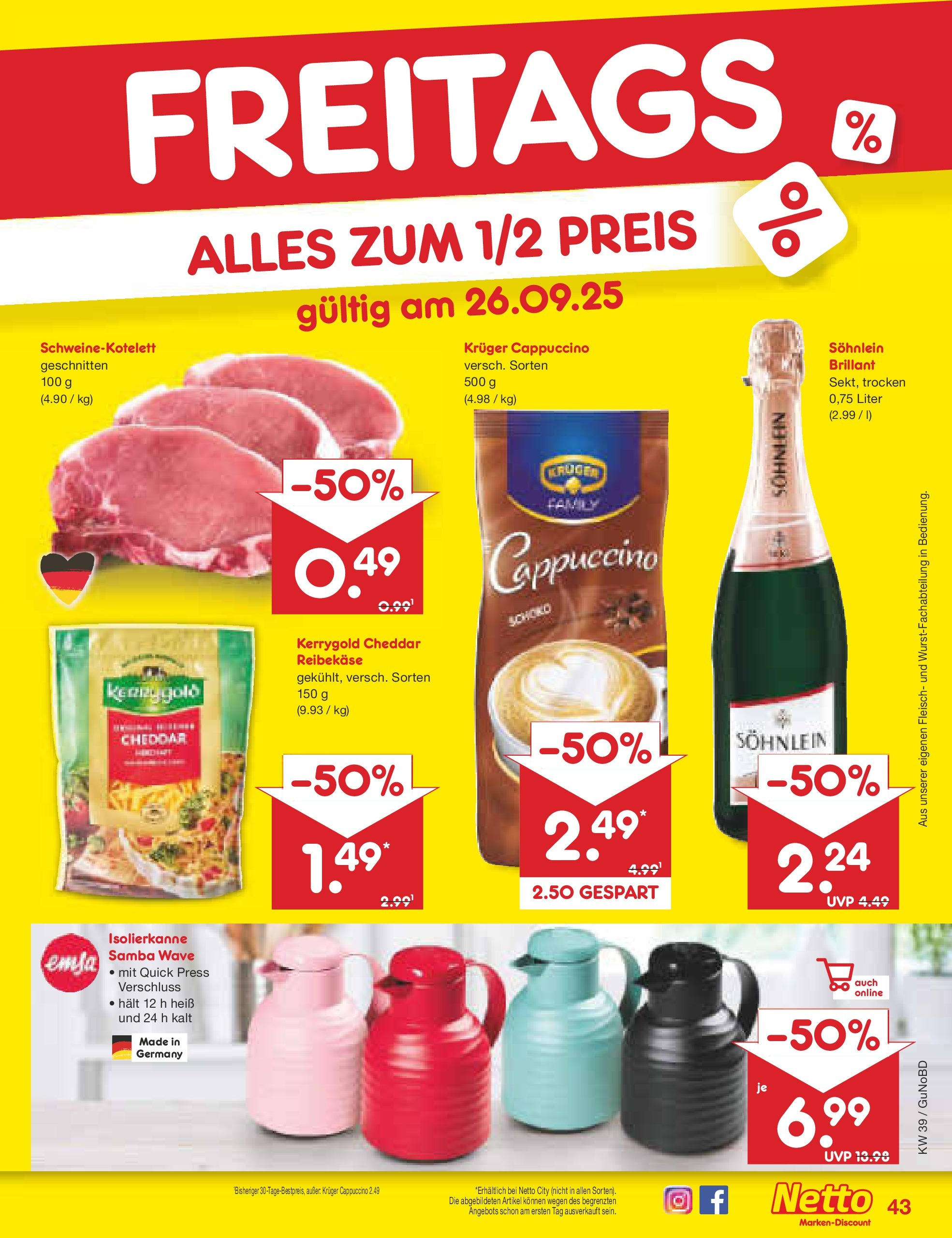 Netto Marken-Discount prospekt Augustusburg (ab 21.09.2025) » Angebote | Seite: 43 | Produkte: Kruger cappuccino, Reibekase, Fleisch Netto Marken-Discount prospekt Augustusburg (ab 21.09.2025) » Angebote | Seite: 43 | Produkte: Kruger cappuccino, Reibekase, Fleisch