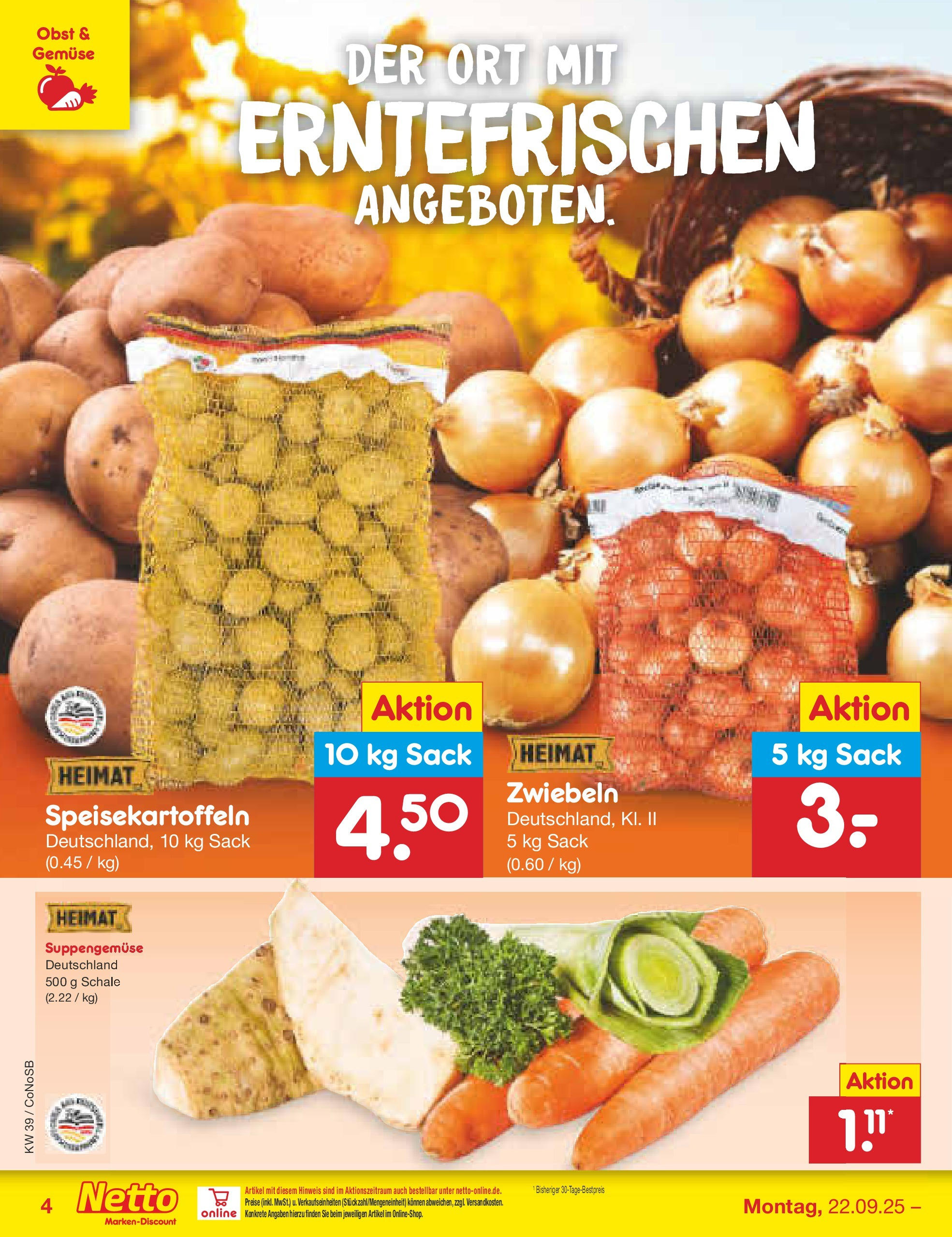 Netto Marken-Discount prospekt Kloster Lehnin	 (ab 21.09.2025) » Angebote | Seite: 4 | Produkte: Zwiebeln, Gemüse, Obst