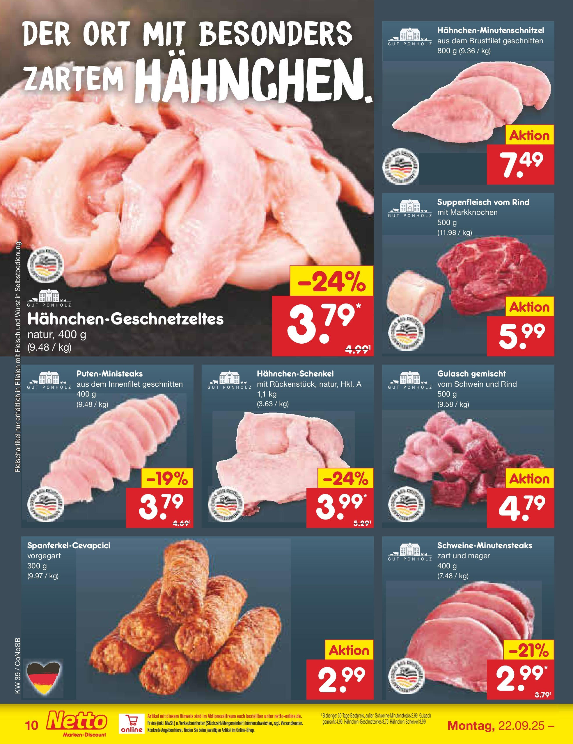 Netto Marken-Discount prospekt Kloster Lehnin	 (ab 21.09.2025) » Angebote | Seite: 10 | Produkte: Hahnchen, Gulasch, Suppenfleisch, Wurst