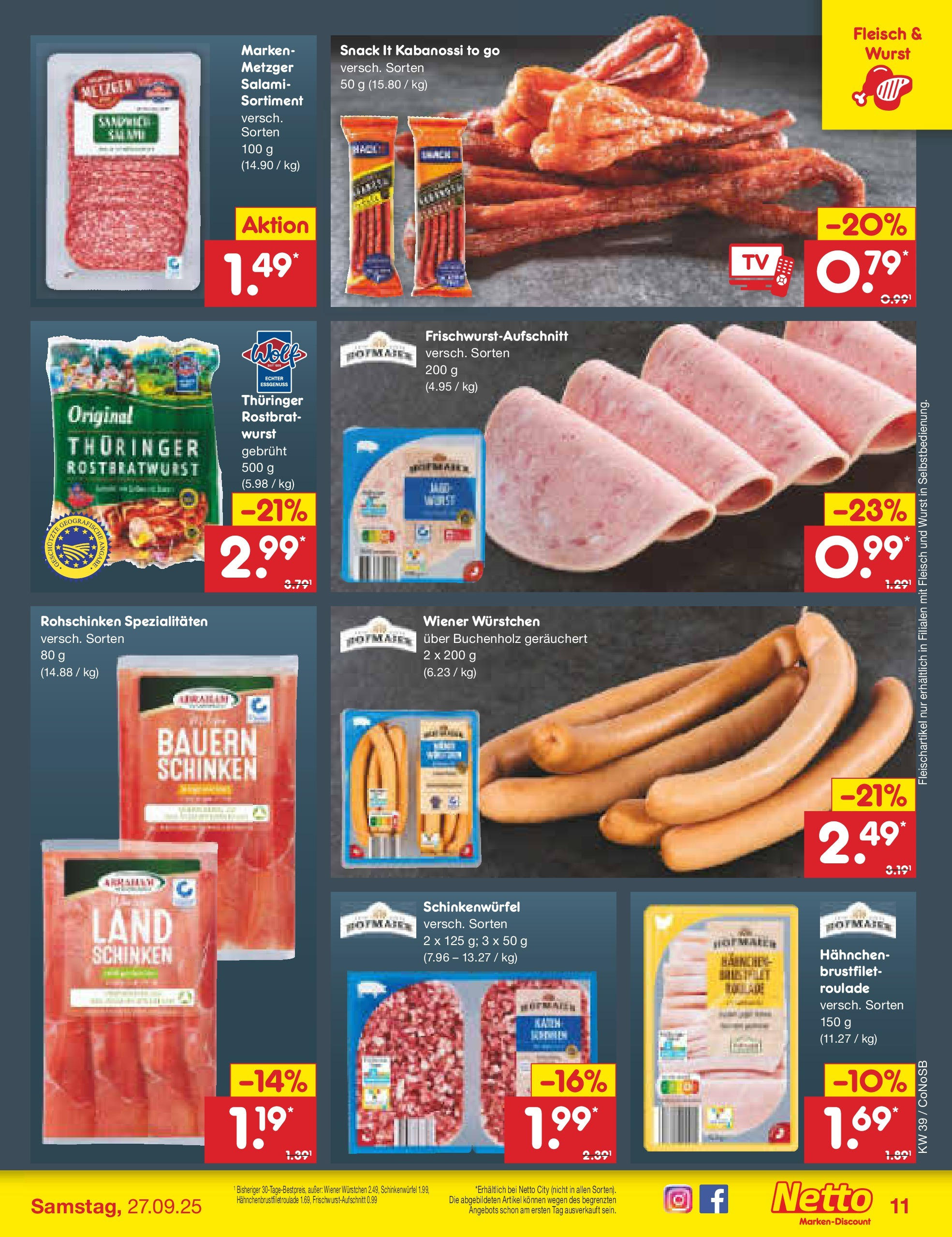 Netto Marken-Discount prospekt Kloster Lehnin	 (ab 21.09.2025) » Angebote | Seite: 11 | Produkte: Hahnchen, Salami, Schinken, Fleisch