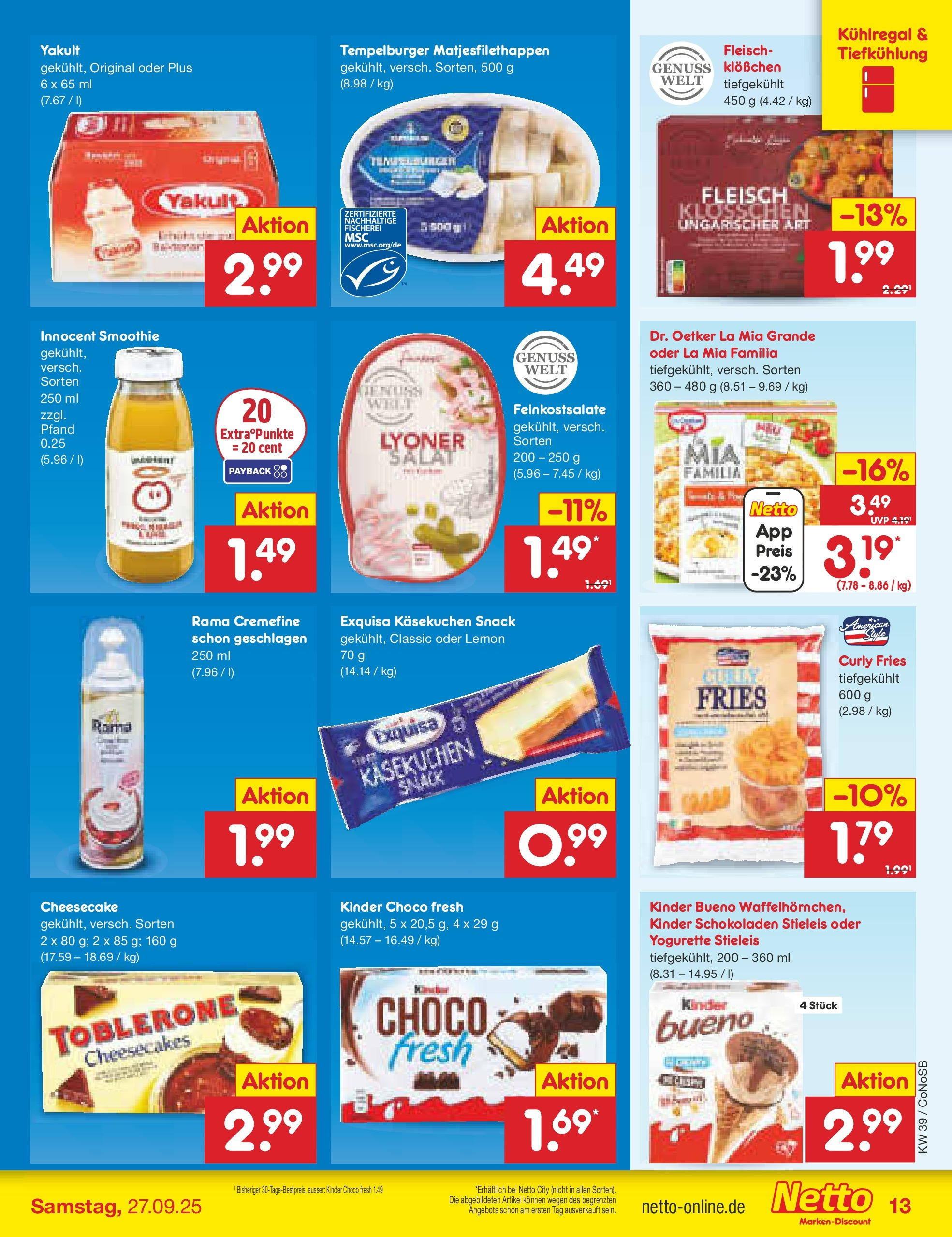 Netto Marken-Discount prospekt Kloster Lehnin	 (ab 21.09.2025) » Angebote | Seite: 13 | Produkte: Yogurette, Kinder bueno, Exquisa, Fleisch