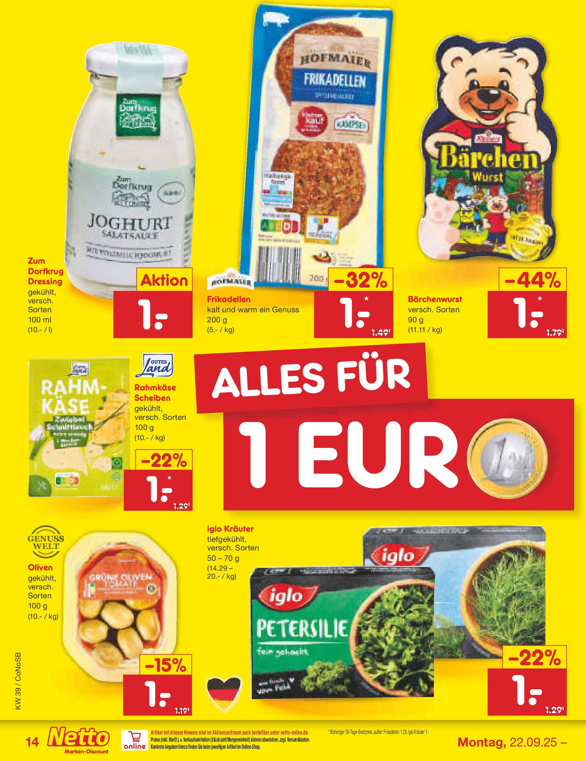 Netto Marken-Discount prospekt Kloster Lehnin	 (ab 21.09.2025) » Angebote | Seite: 14 | Produkte: Käse, Dressing, Wurst, Petersilie