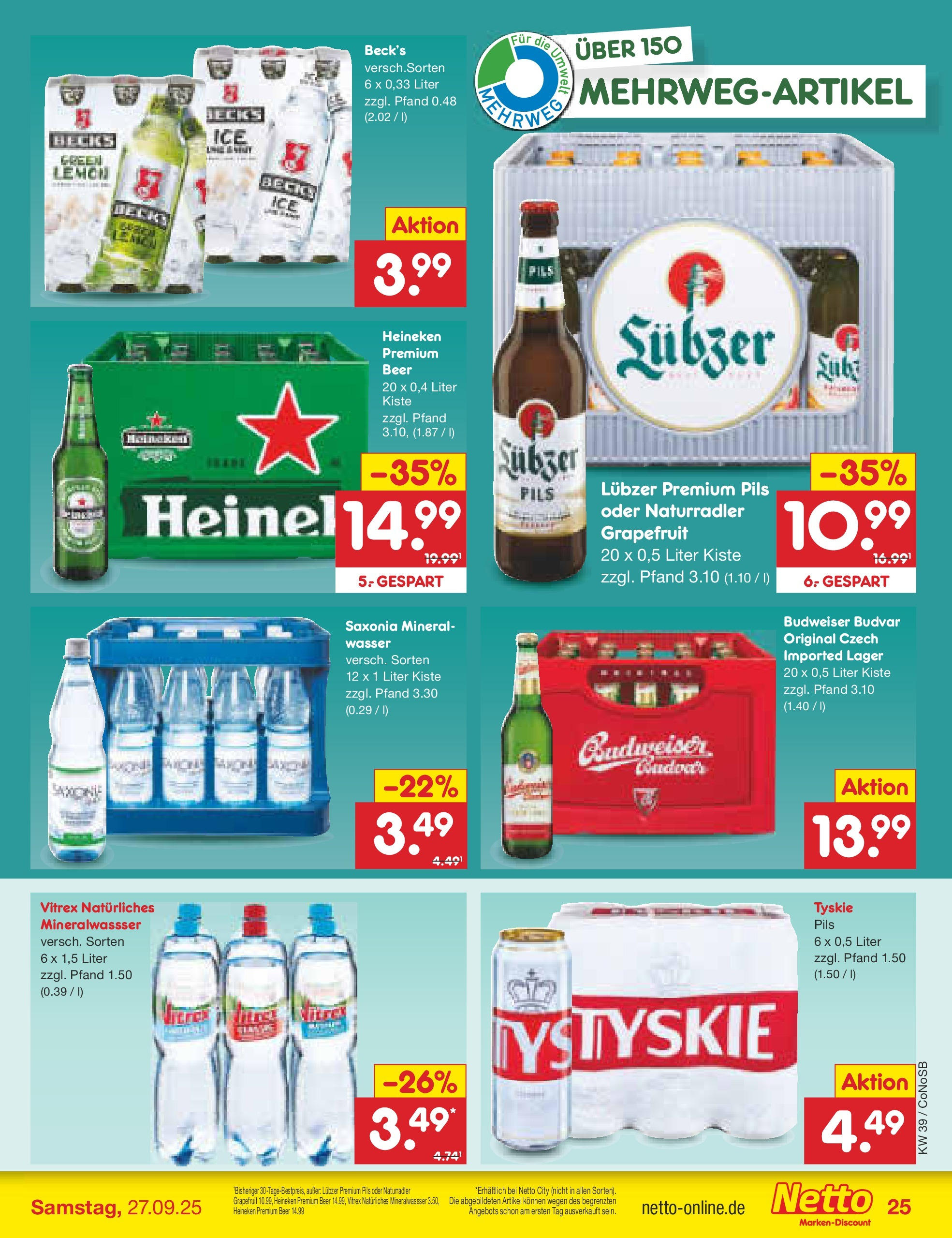Netto Marken-Discount prospekt Kloster Lehnin	 (ab 21.09.2025) » Angebote | Seite: 25 | Produkte: Tyskie, Heineken, Grapefruit, Wasser