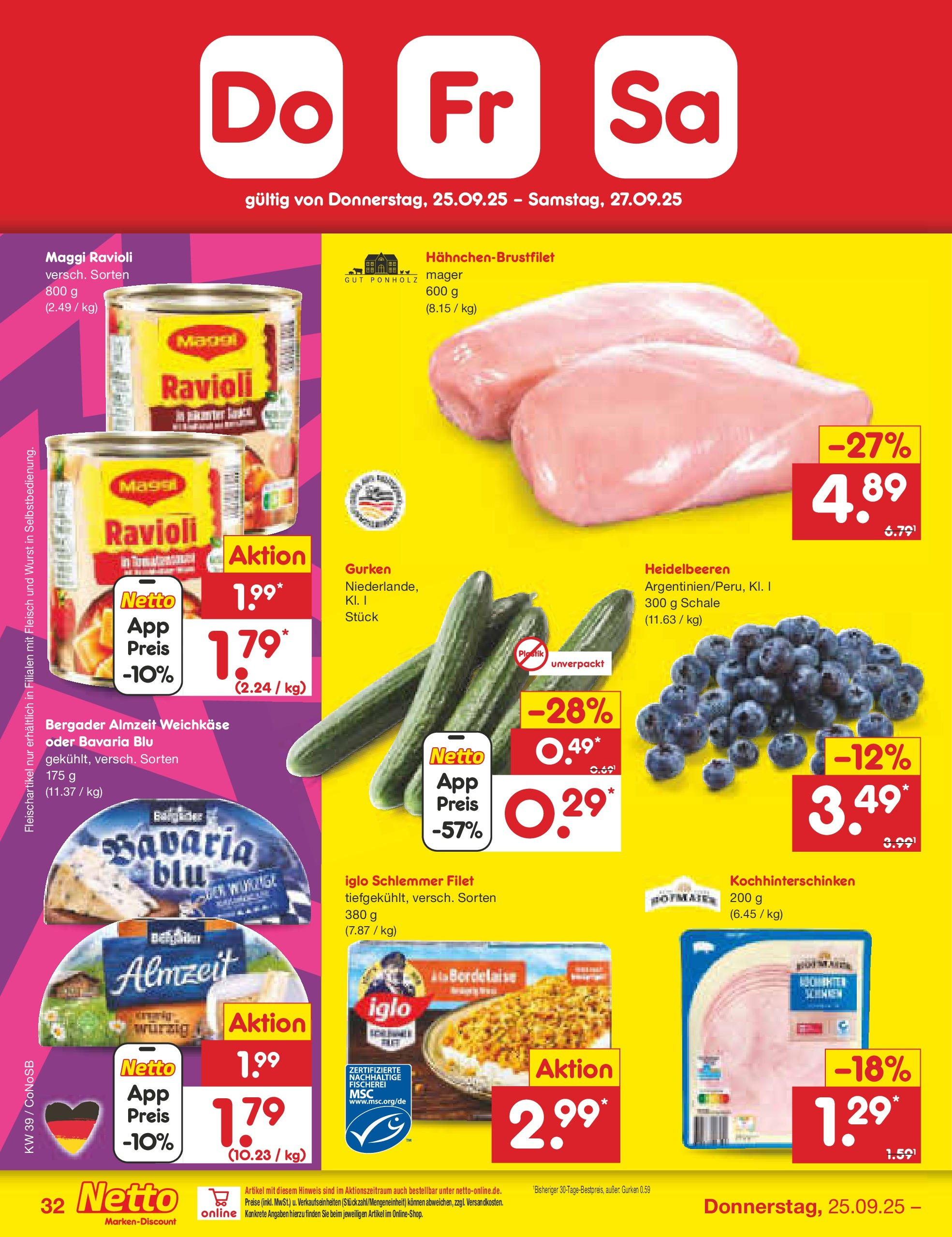 Netto Marken-Discount prospekt Kloster Lehnin	 (ab 21.09.2025) » Angebote | Seite: 32 | Produkte: Maggi, Iglo, Heidelbeeren, Wurst