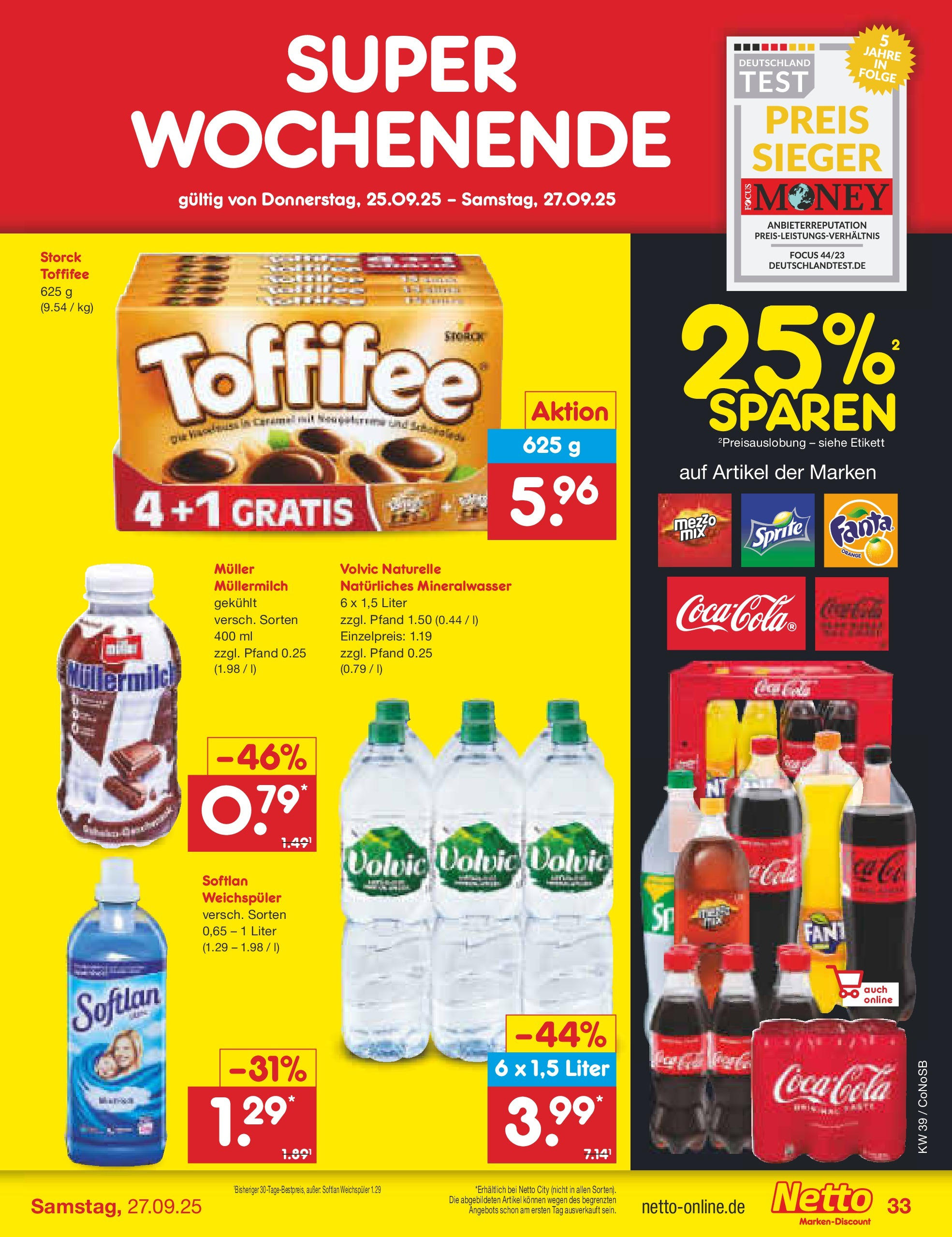 Netto Marken-Discount prospekt Kloster Lehnin	 (ab 21.09.2025) » Angebote | Seite: 33 | Produkte: Fanta, Mineralwasser, Toffifee, Müllermilch