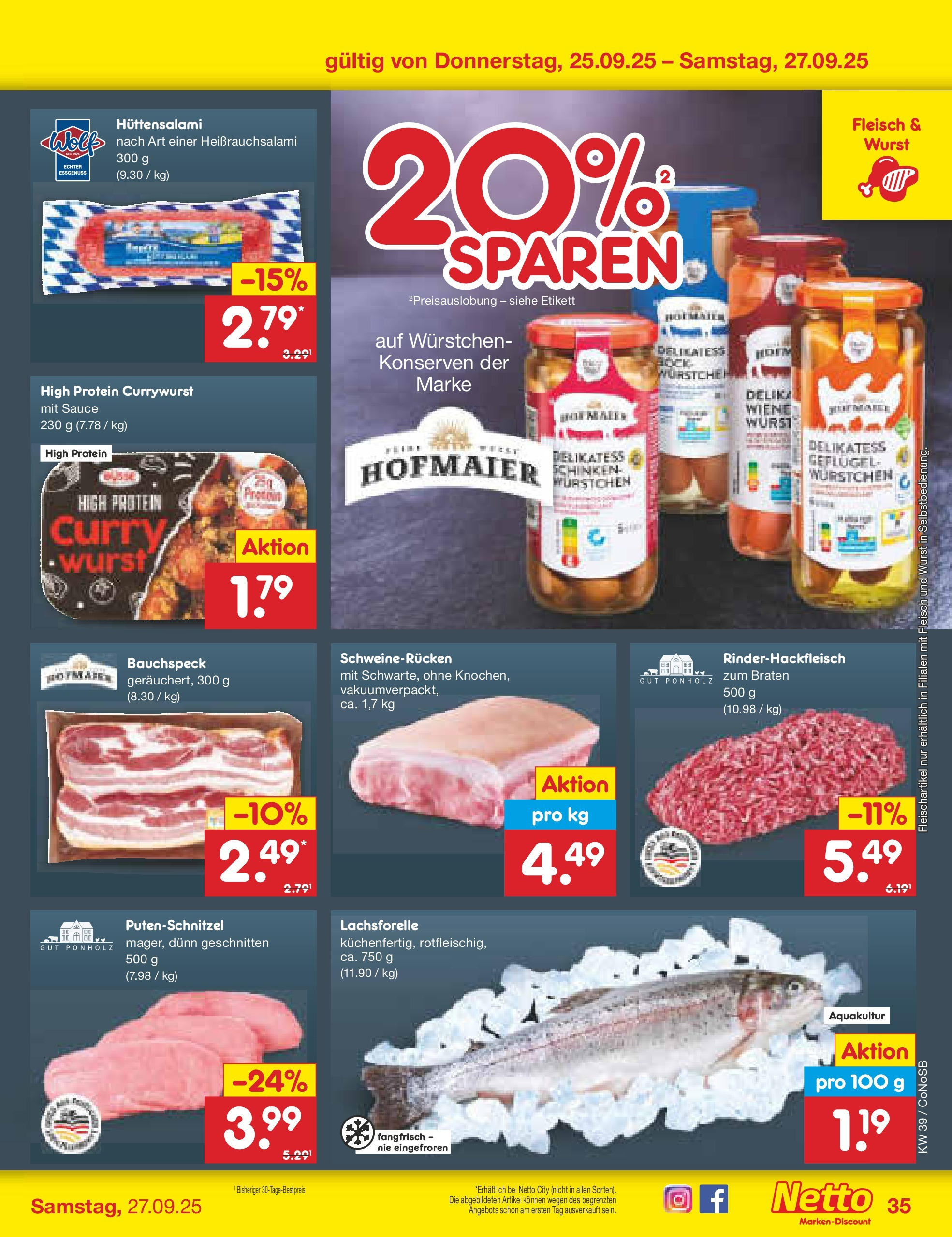 Netto Marken-Discount prospekt Kloster Lehnin	 (ab 21.09.2025) » Angebote | Seite: 35 | Produkte: Wurst, Schweinerucken, Schinken, Fleisch