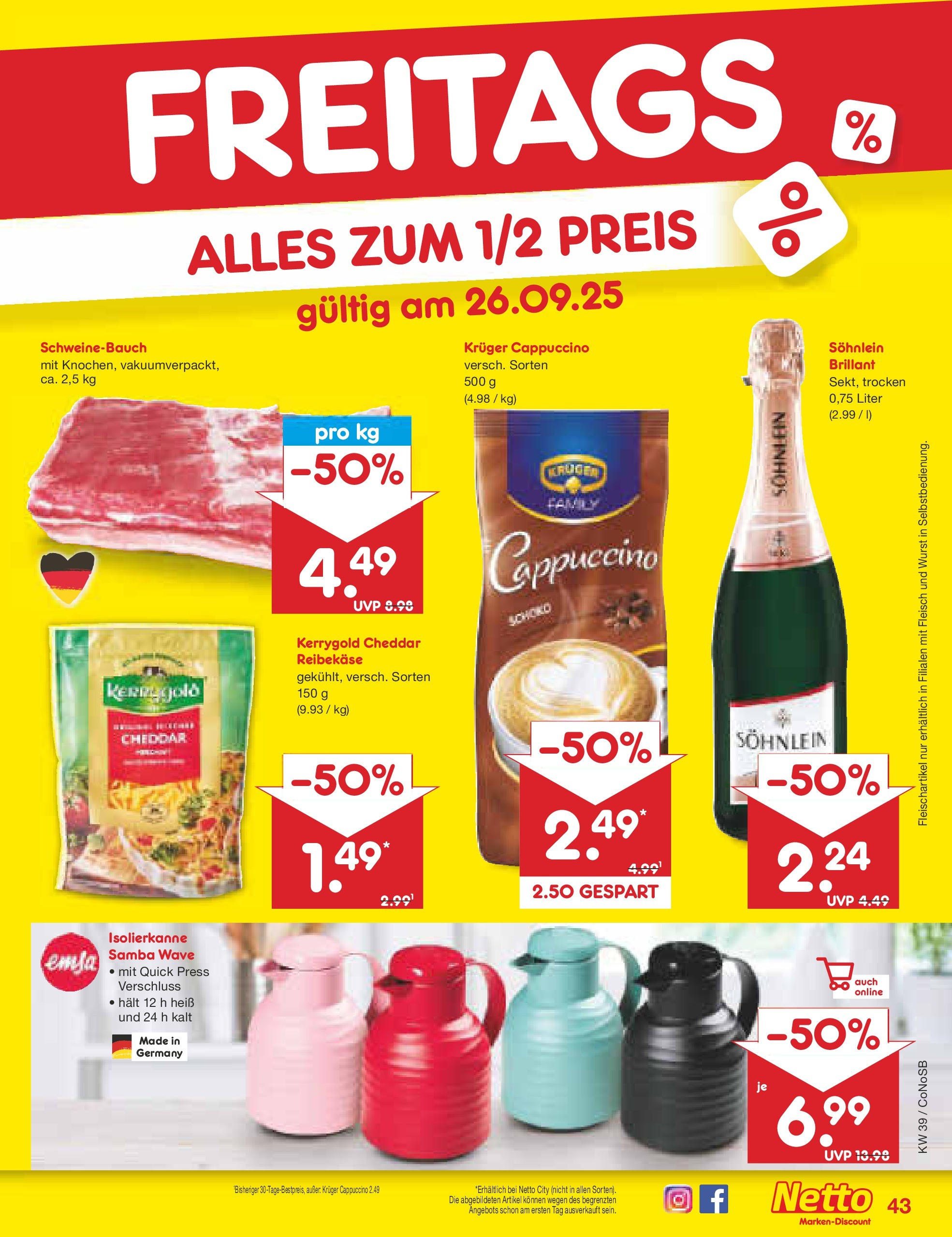 Netto Marken-Discount prospekt Kloster Lehnin	 (ab 21.09.2025) » Angebote | Seite: 43 | Produkte: Schweinebauch, Kruger cappuccino, Reibekase, Fleisch