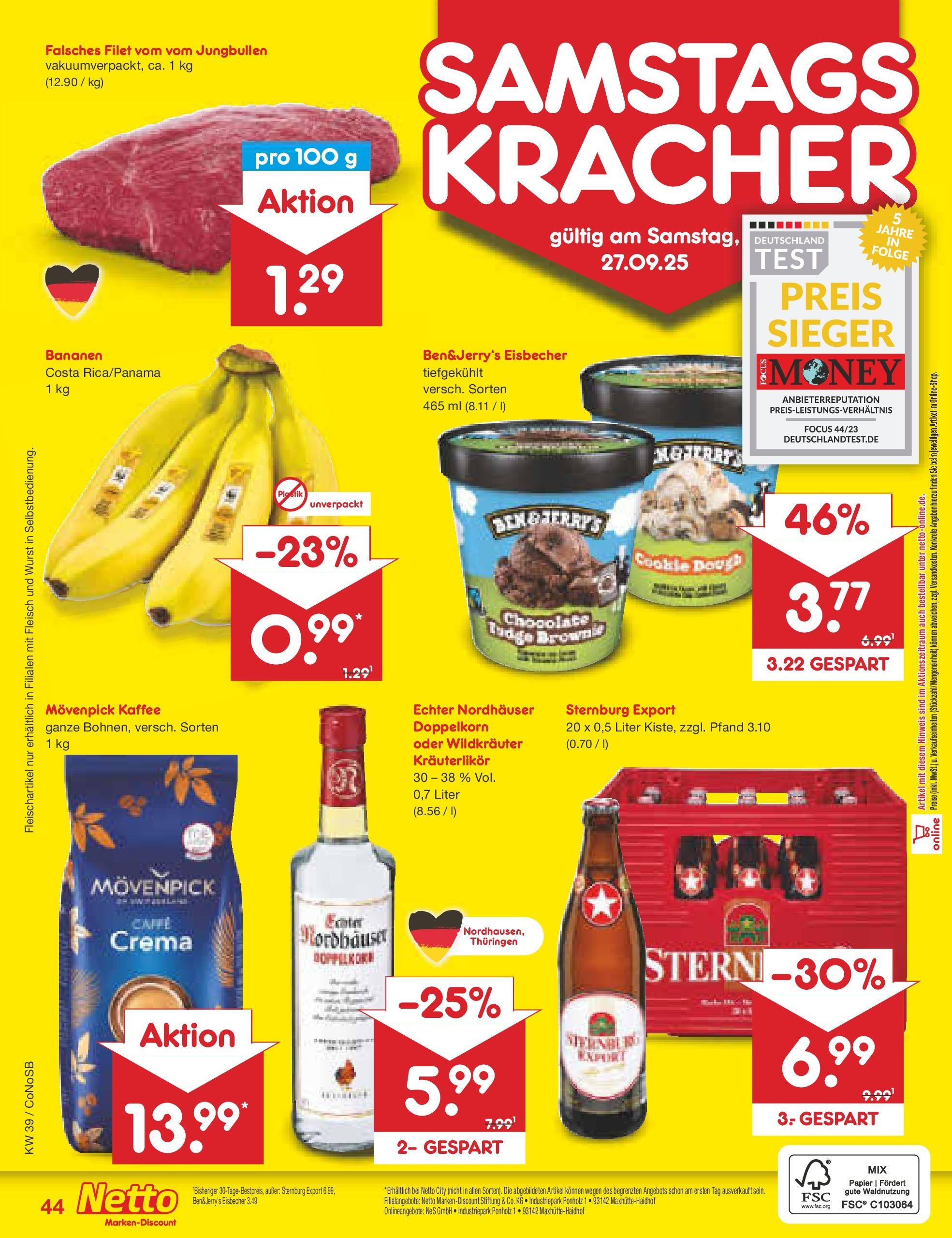 Netto Marken-Discount prospekt Kloster Lehnin	 (ab 21.09.2025) » Angebote | Seite: 44 | Produkte: Kaffee, Bananen, Wurst, Fleisch