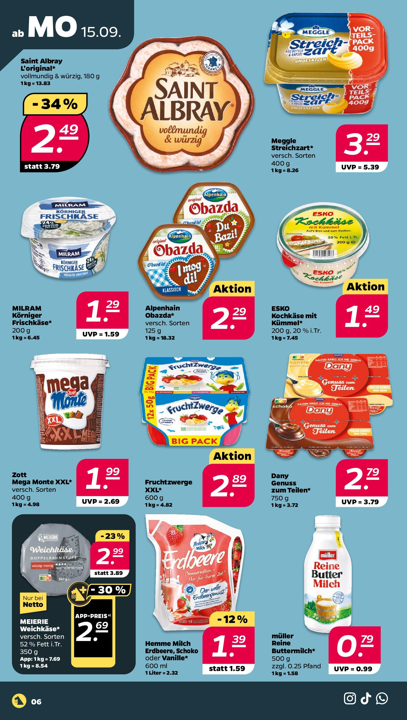Netto Prospekt 	 ab 15.09.2025 → Angebote nächste Woche | Seite: 6 | Produkte: Milch, Fruchtzwerge, Milram, Brot