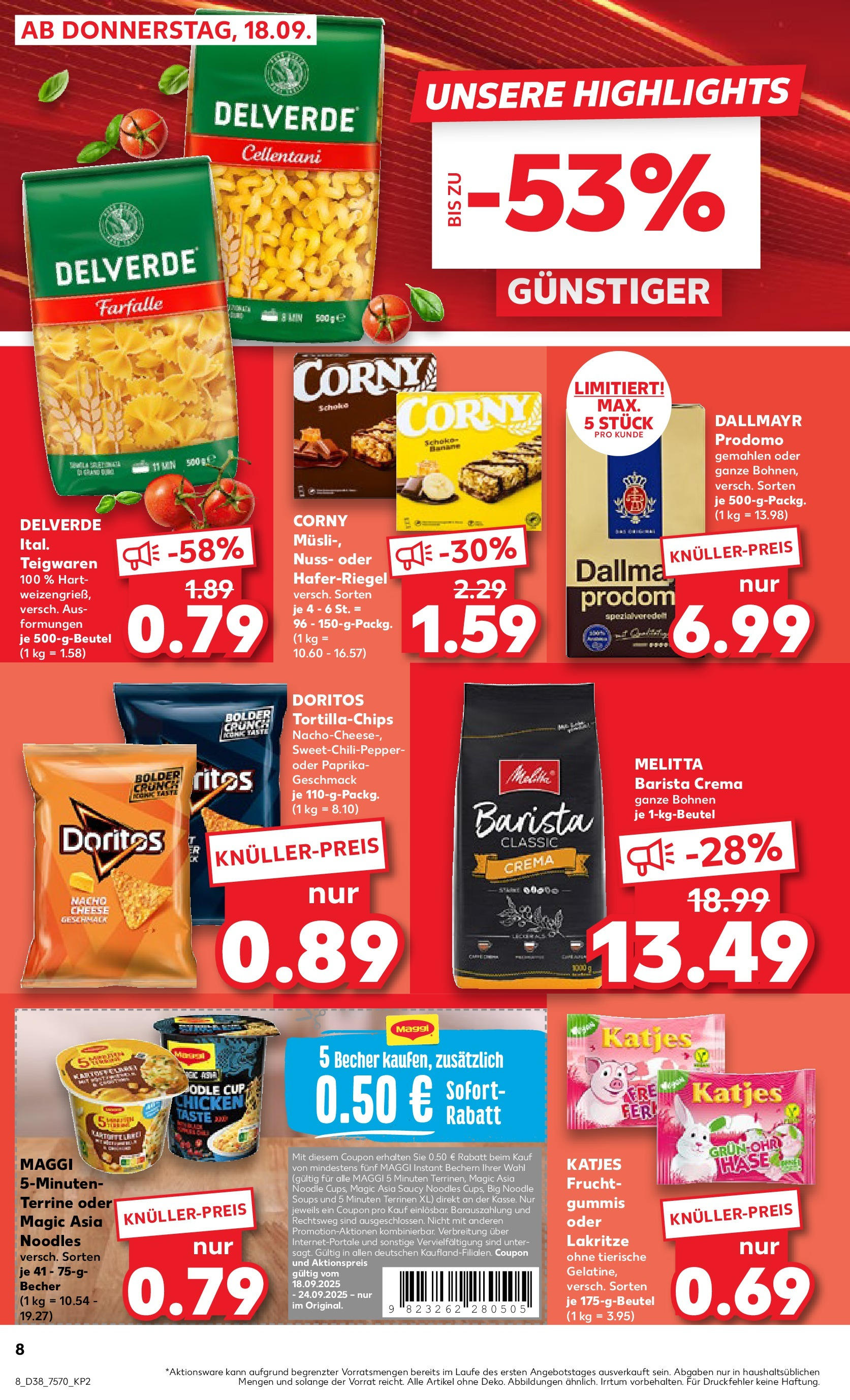 Prospekt Kaufland ab 17.09.2025 » Angebote Online zum Blättern | Seite: 8 | Produkte: Musli, Melitta, Dallmayr, Chips