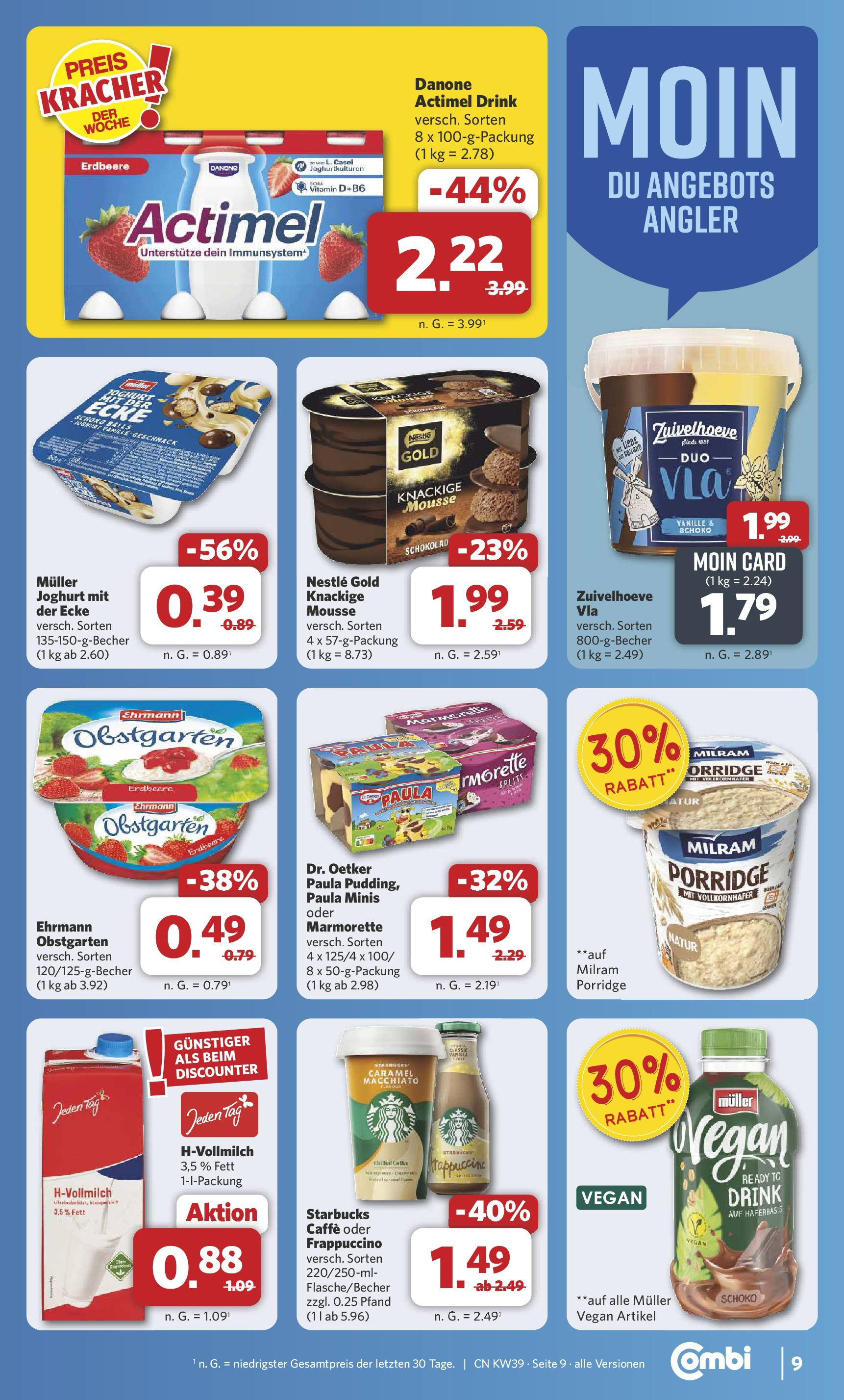 Combi Prospekt Bremen	 (ab 21.09.2025) zum Blättern | Seite: 9 | Produkte: Actimel, Joghurt, Starbucks, Milram