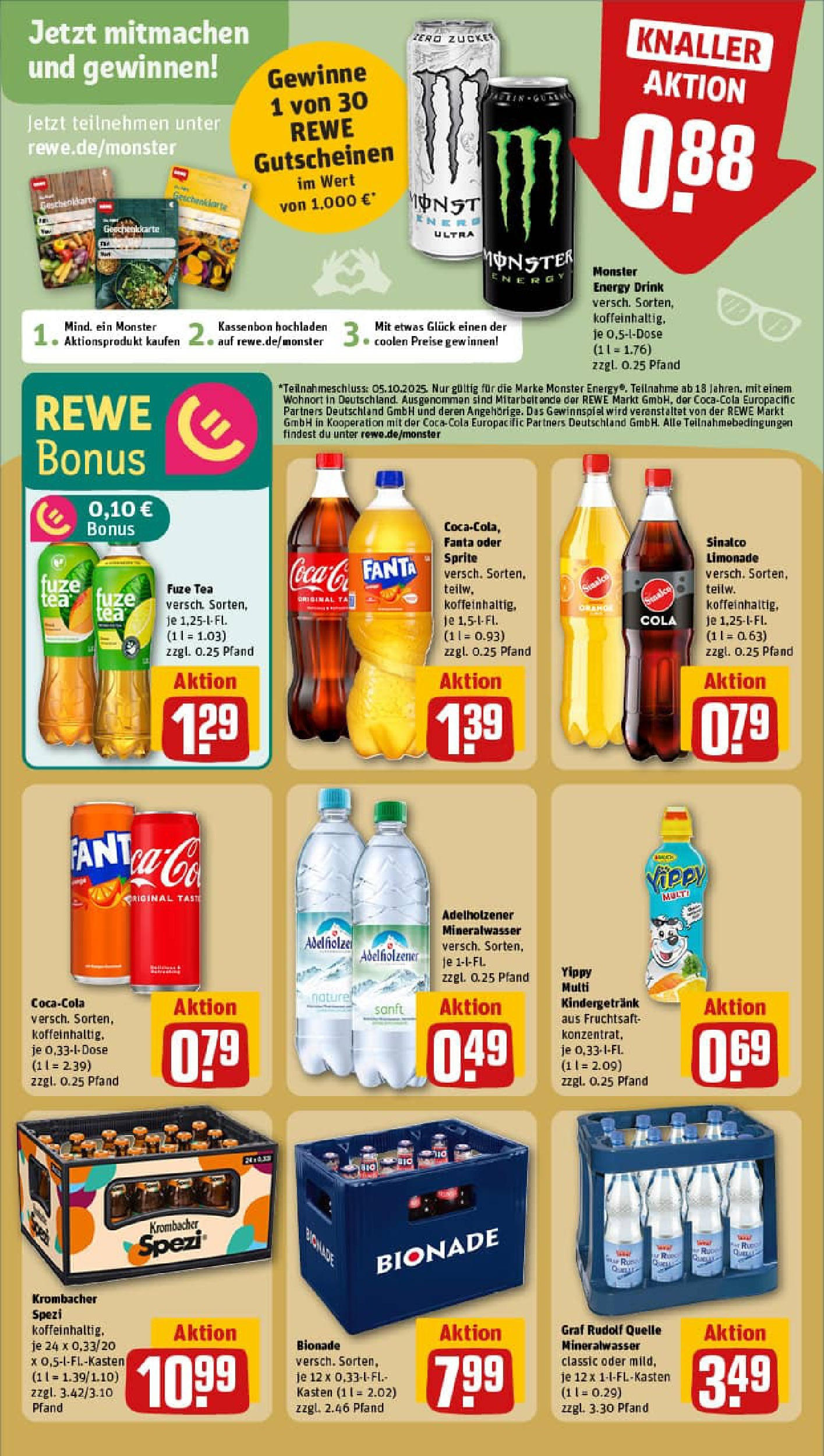 REWE Prospekt ab 21.09.2025 zum Blättern » Angebote | Seite: 18 | Produkte: Cola, Adelholzener, Bionade, Monster REWE Prospekt ab 21.09.2025 zum Blättern » Angebote | Seite: 18 | Produkte: Cola, Adelholzener, Bionade, Monster