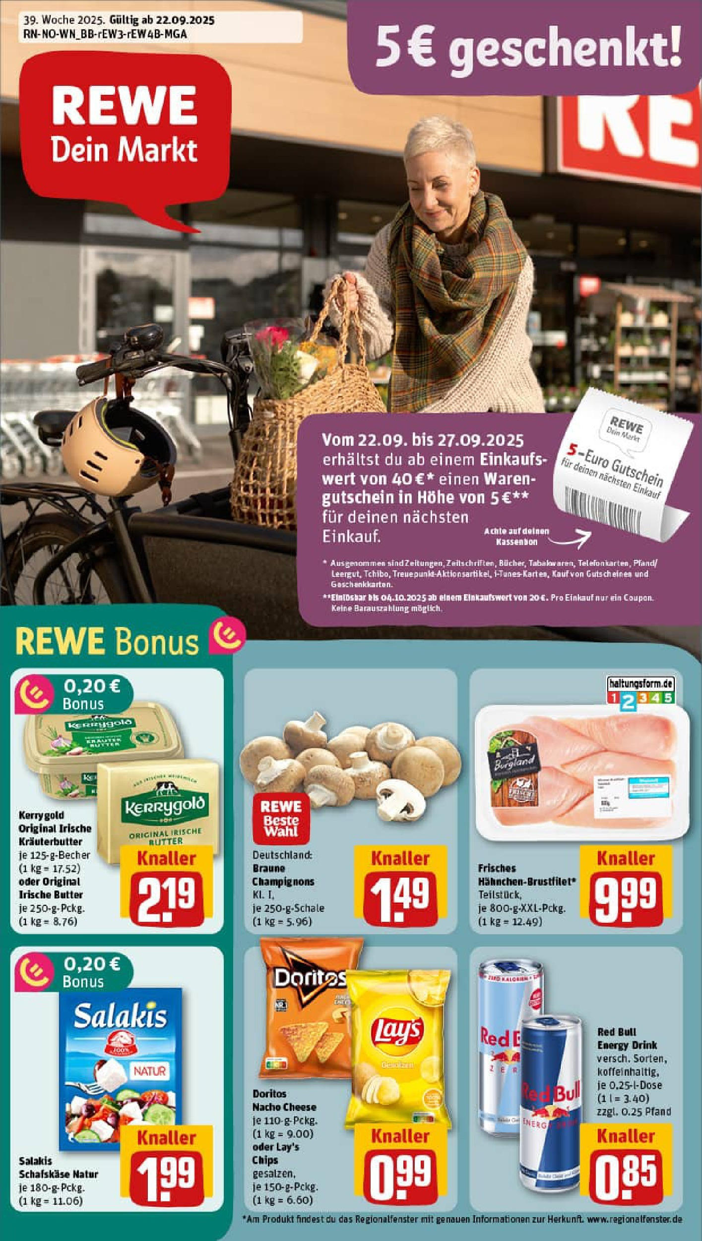 REWE Prospekt ab 21.09.2025 zum Blättern » Angebote | Seite: 1 | Produkte: Red bull, Butter, Champignons, Schafskase