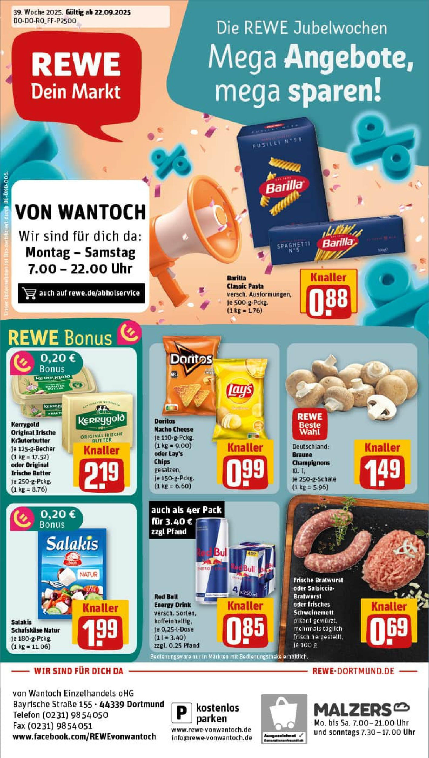 REWE Prospekt ab 21.09.2025 zum Blättern » Angebote | Seite: 1 | Produkte: Butter, Barilla, Chips, Schafskase