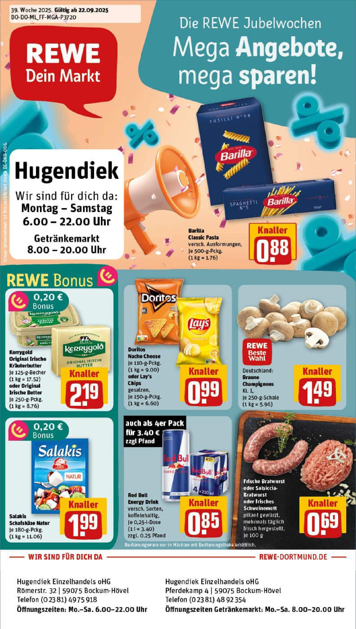 REWE Prospekt ab 21.09.2025 zum Blättern » Angebote | Seite: 1 | Produkte: Bratwurst, Champignons, Salakis, Pasta