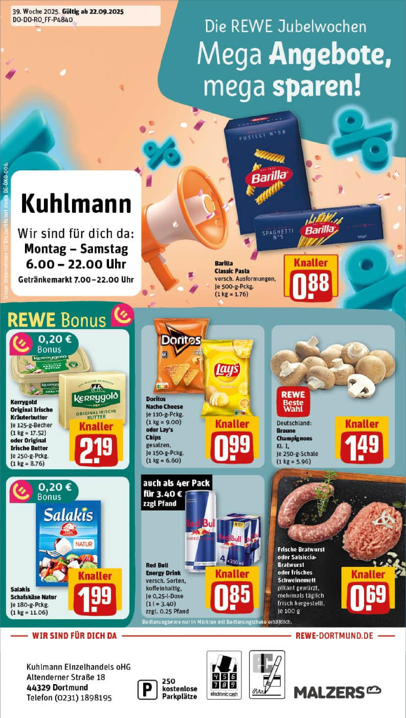 REWE Prospekt ab 21.09.2025 zum Blättern » Angebote | Seite: 1 | Produkte: Butter, Barilla, Bratwurst, Uhr