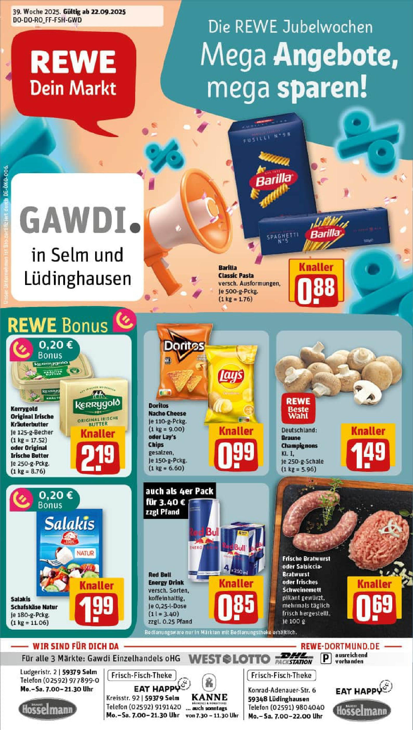 REWE Prospekt ab 21.09.2025 zum Blättern » Angebote | Seite: 1 | Produkte: Energy, Barilla, Champignons, Salakis