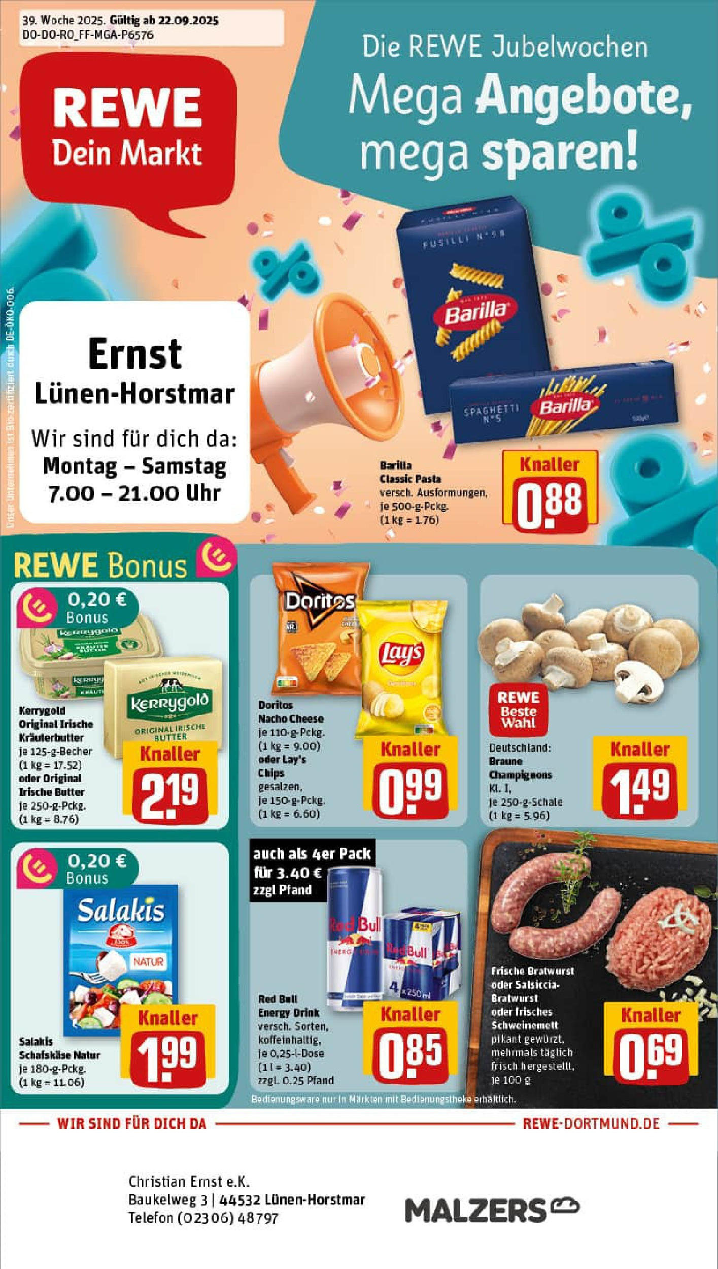REWE Prospekt ab 21.09.2025 zum Blättern » Angebote | Seite: 1 | Produkte: Butter, Bratwurst, Kräuterbutter, Pasta
