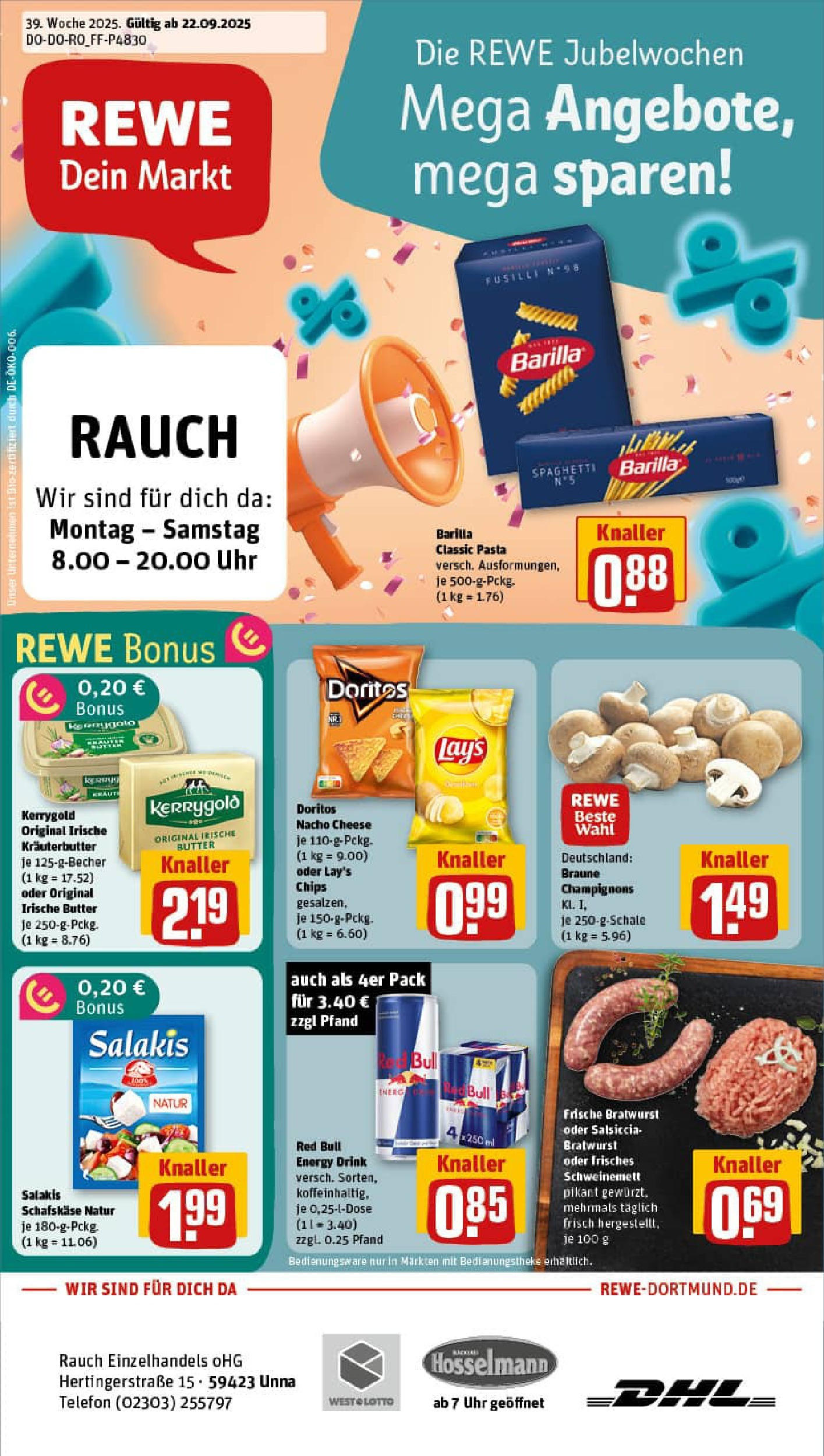 REWE Prospekt ab 21.09.2025 zum Blättern » Angebote | Seite: 1 | Produkte: Champignons, Pasta, Chips, Uhr