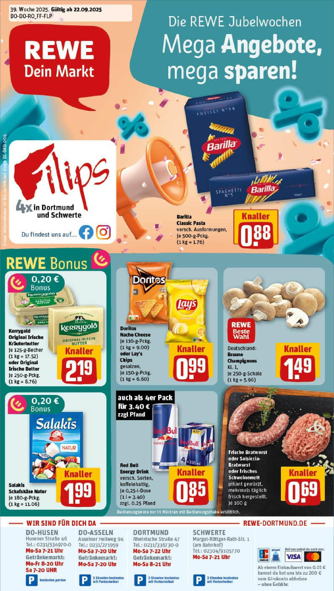 REWE Prospekt ab 21.09.2025 zum Blättern » Angebote | Seite: 1 | Produkte: Red bull, Energy, Butter, Salakis