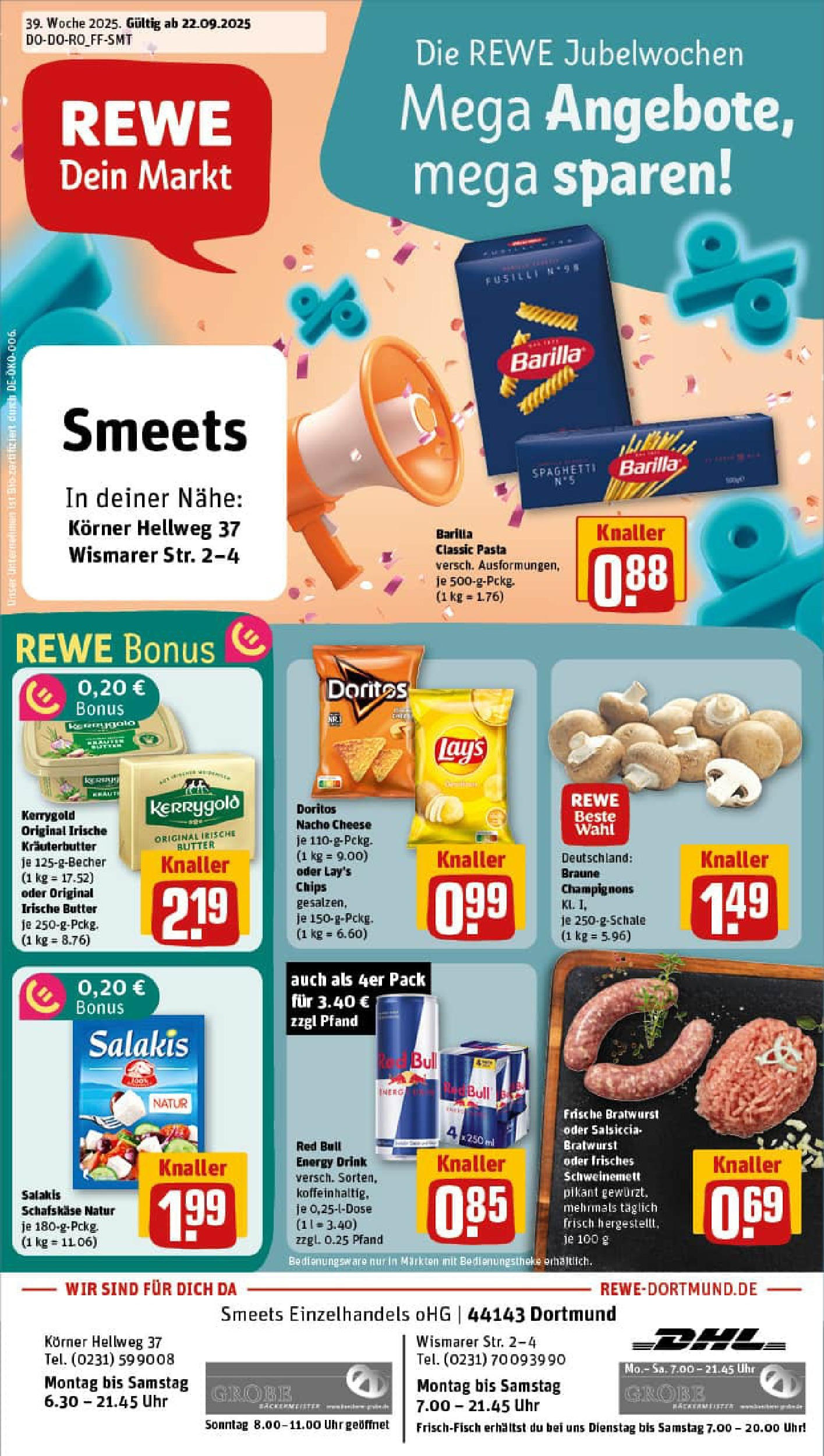 REWE Prospekt ab 21.09.2025 zum Blättern » Angebote | Seite: 1 | Produkte: Energy, Kräuterbutter, Champignons, Pasta