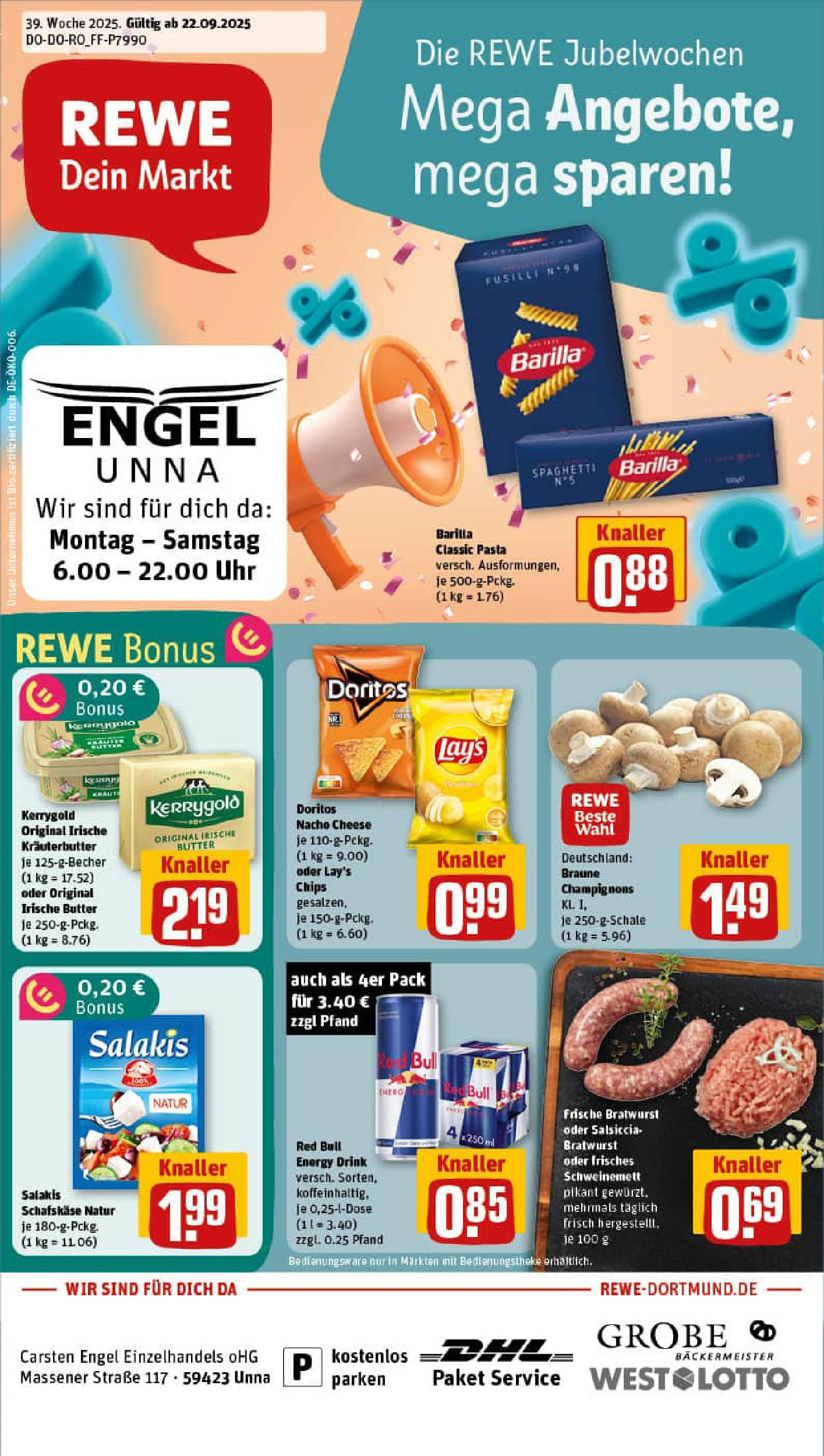 REWE Prospekt ab 21.09.2025 zum Blättern » Angebote | Seite: 1 | Produkte: Red bull, Kräuterbutter, Champignons, Schafskase