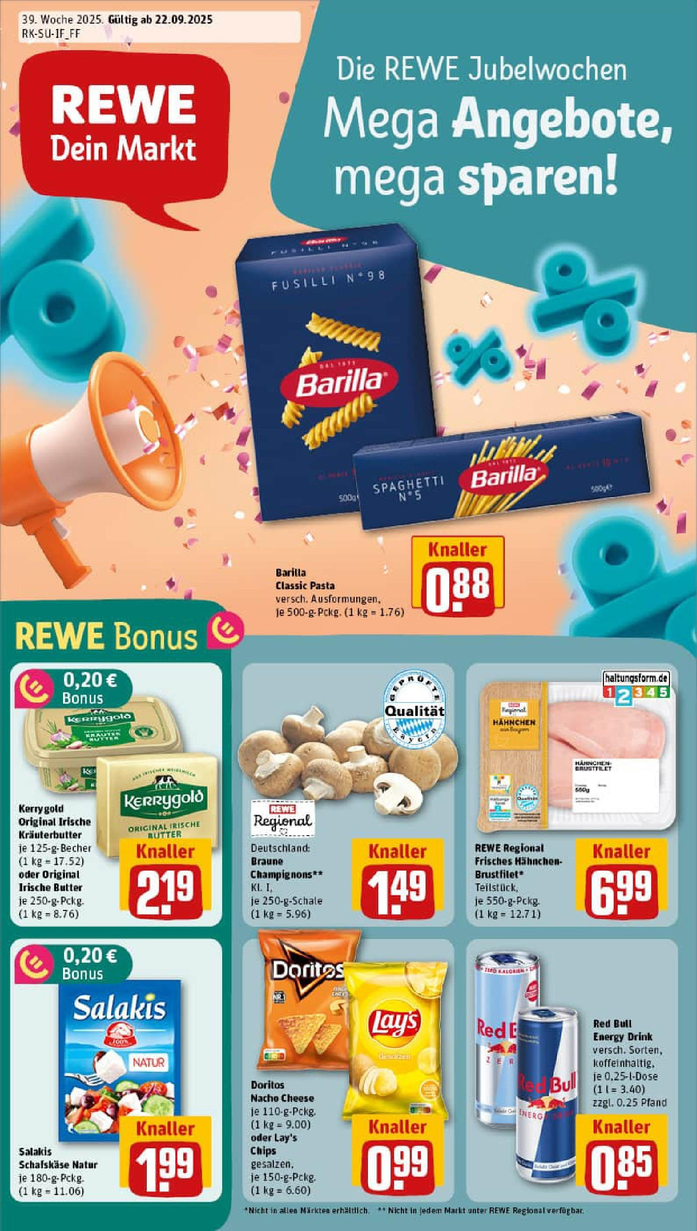REWE Prospekt ab 21.09.2025 zum Blättern » Angebote | Seite: 1 | Produkte: Barilla, Salakis, Chips, Schafskase REWE Prospekt ab 21.09.2025 zum Blättern » Angebote | Seite: 1 | Produkte: Barilla, Salakis, Chips, Schafskase