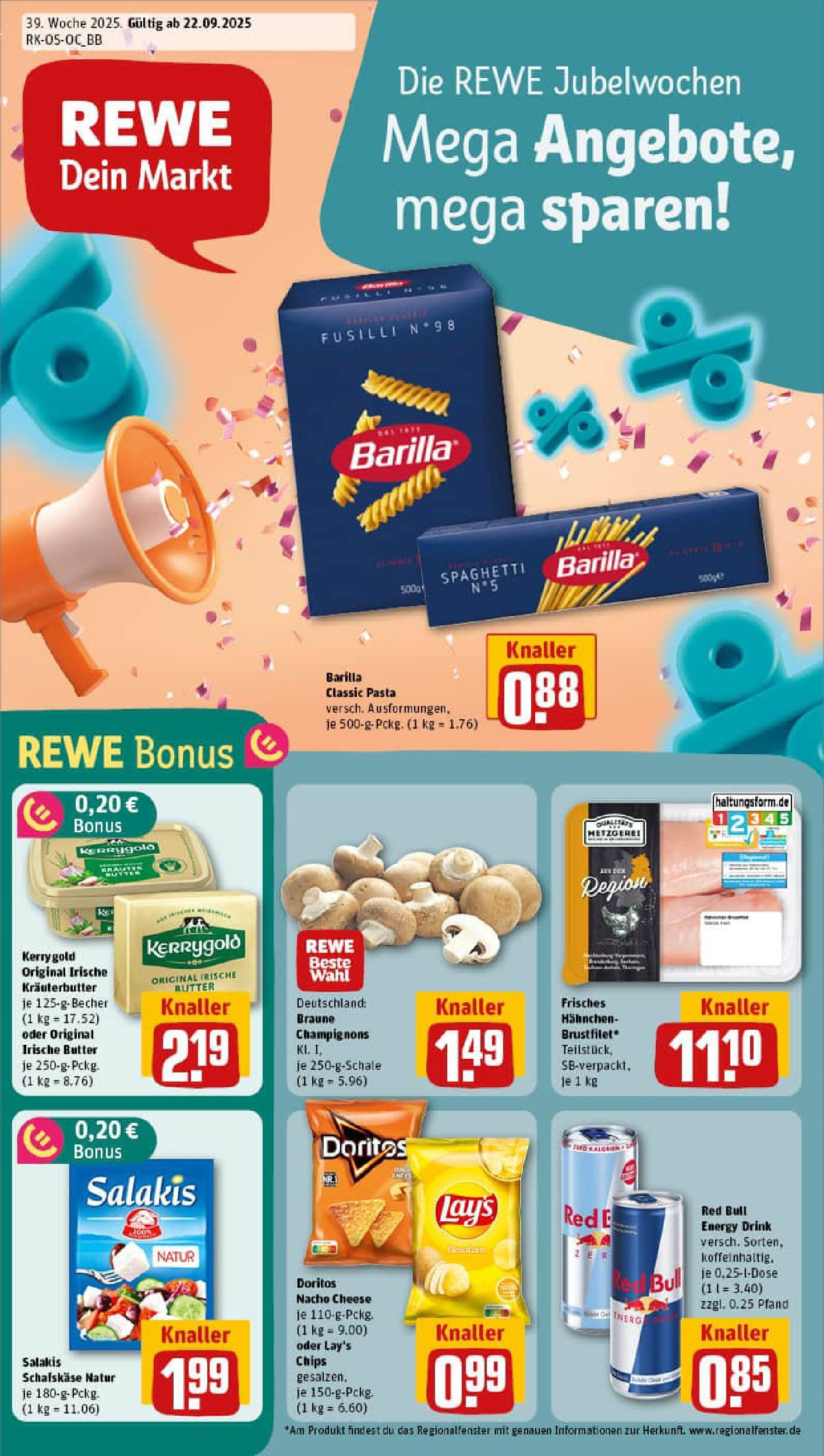 REWE Prospekt ab 21.09.2025 zum Blättern » Angebote | Seite: 1 | Produkte: Feta, Champignons, Salakis, Chips