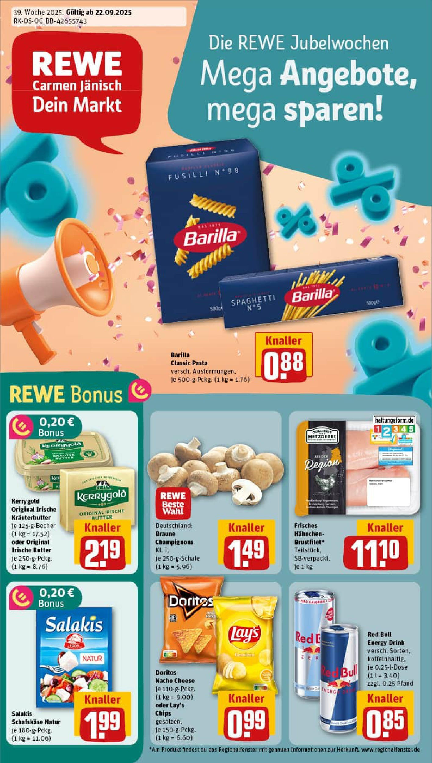 REWE Prospekt ab 21.09.2025 zum Blättern » Angebote | Seite: 1 | Produkte: Feta, Butter, Barilla, Chips REWE Prospekt ab 21.09.2025 zum Blättern » Angebote | Seite: 1 | Produkte: Feta, Butter, Barilla, Chips