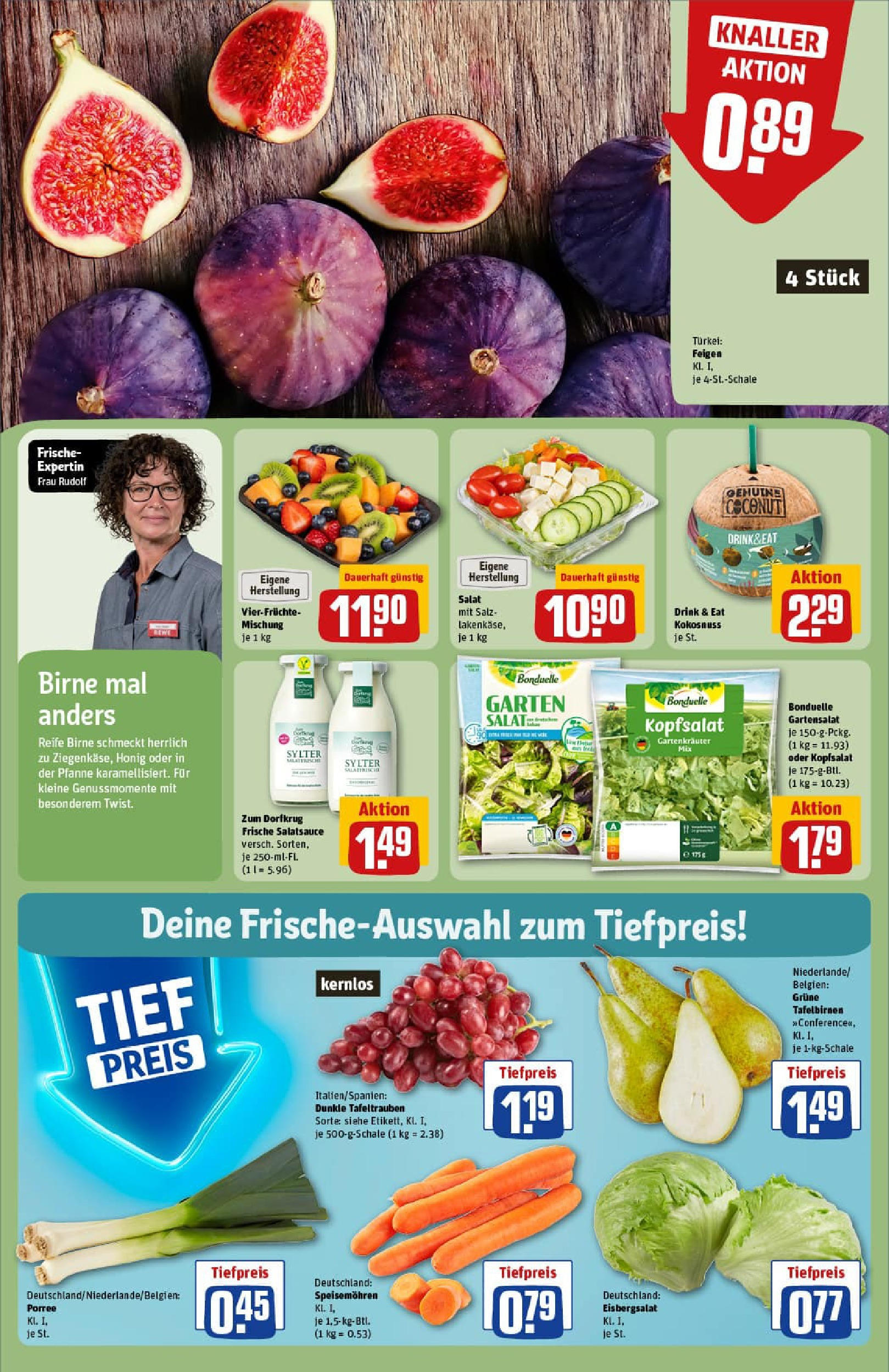REWE Prospekt ab 21.09.2025 zum Blättern » Angebote | Seite: 10 | Produkte: Eisbergsalat, Salz, Birne, Salat