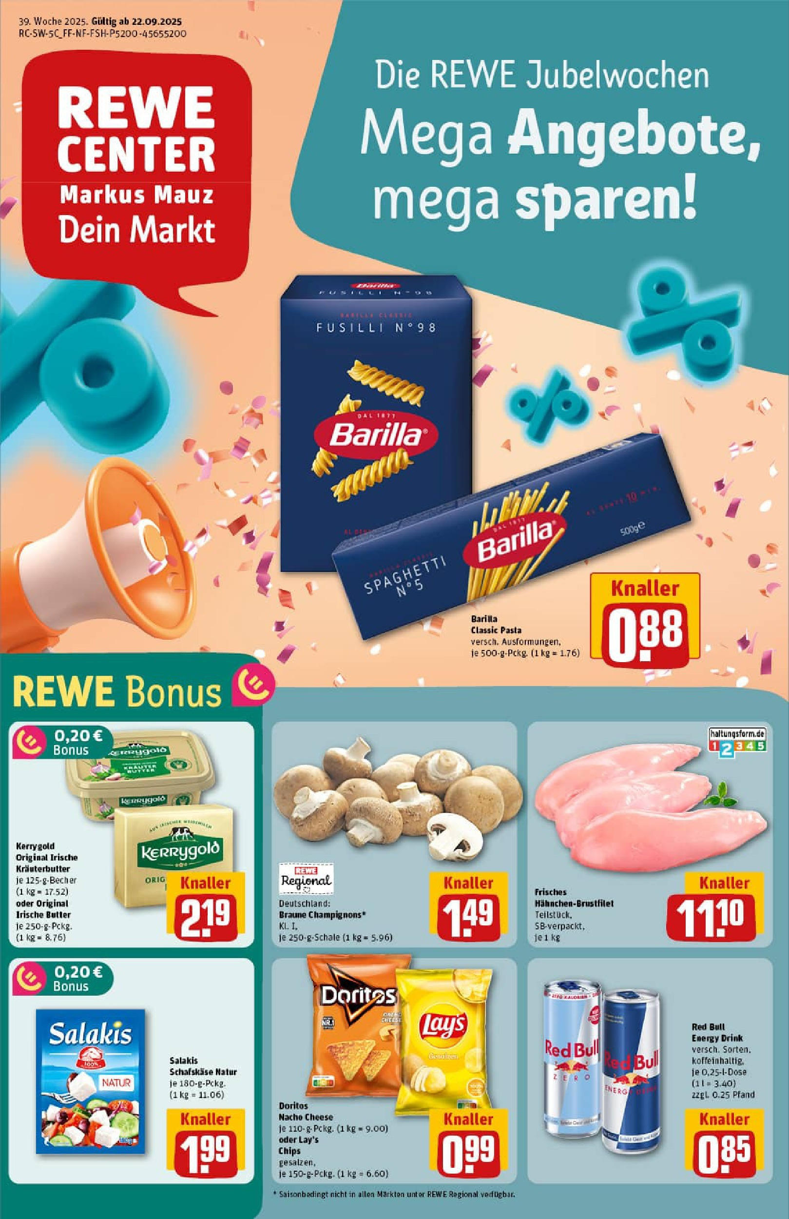 REWE Prospekt ab 21.09.2025 zum Blättern » Angebote | Seite: 1 | Produkte: Feta, Energy, Barilla, Salakis