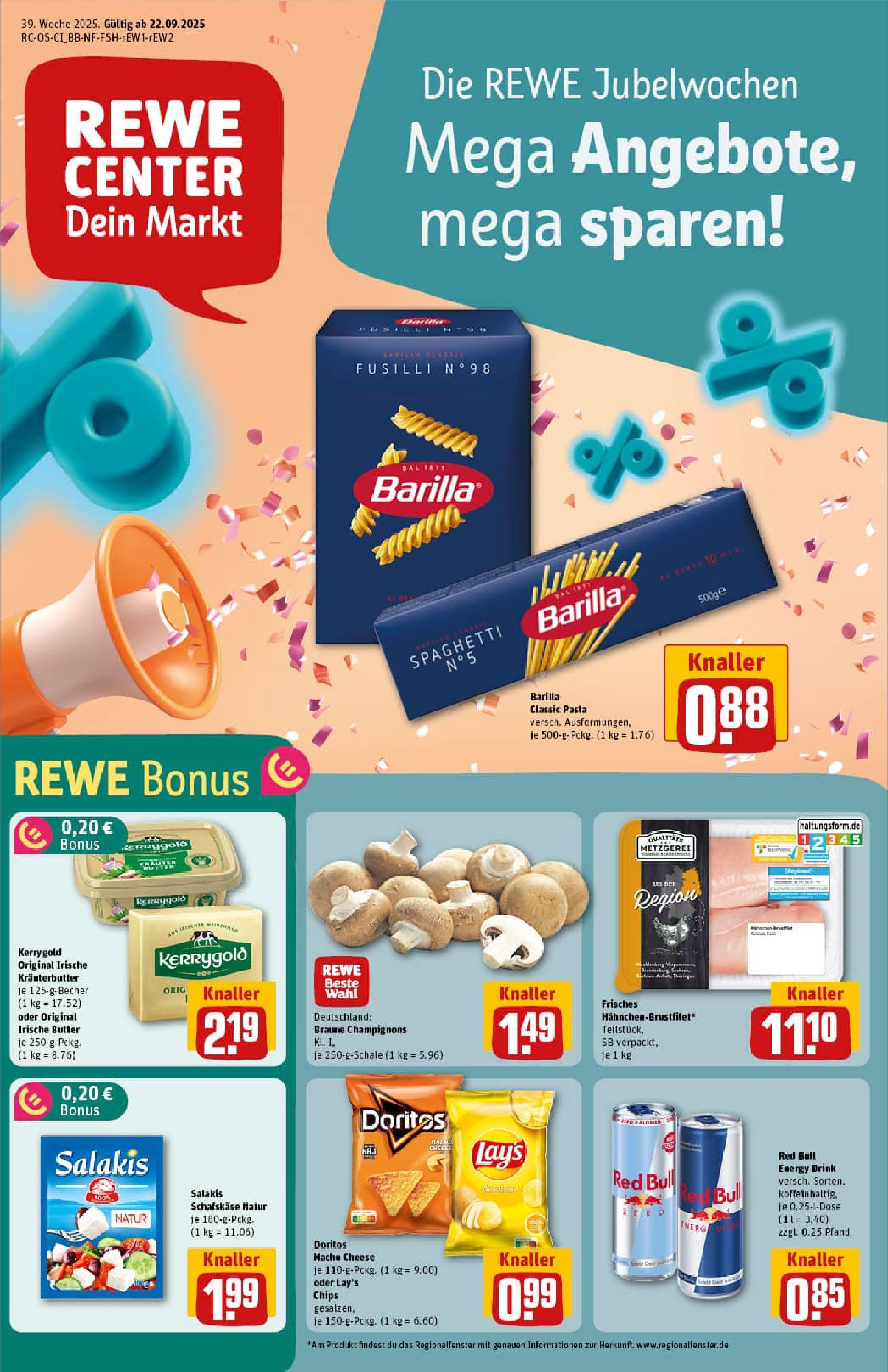 REWE Prospekt ab 21.09.2025 zum Blättern » Angebote | Seite: 1 | Produkte: Red bull, Feta, Barilla, Salakis REWE Prospekt ab 21.09.2025 zum Blättern » Angebote | Seite: 1 | Produkte: Red bull, Feta, Barilla, Salakis
