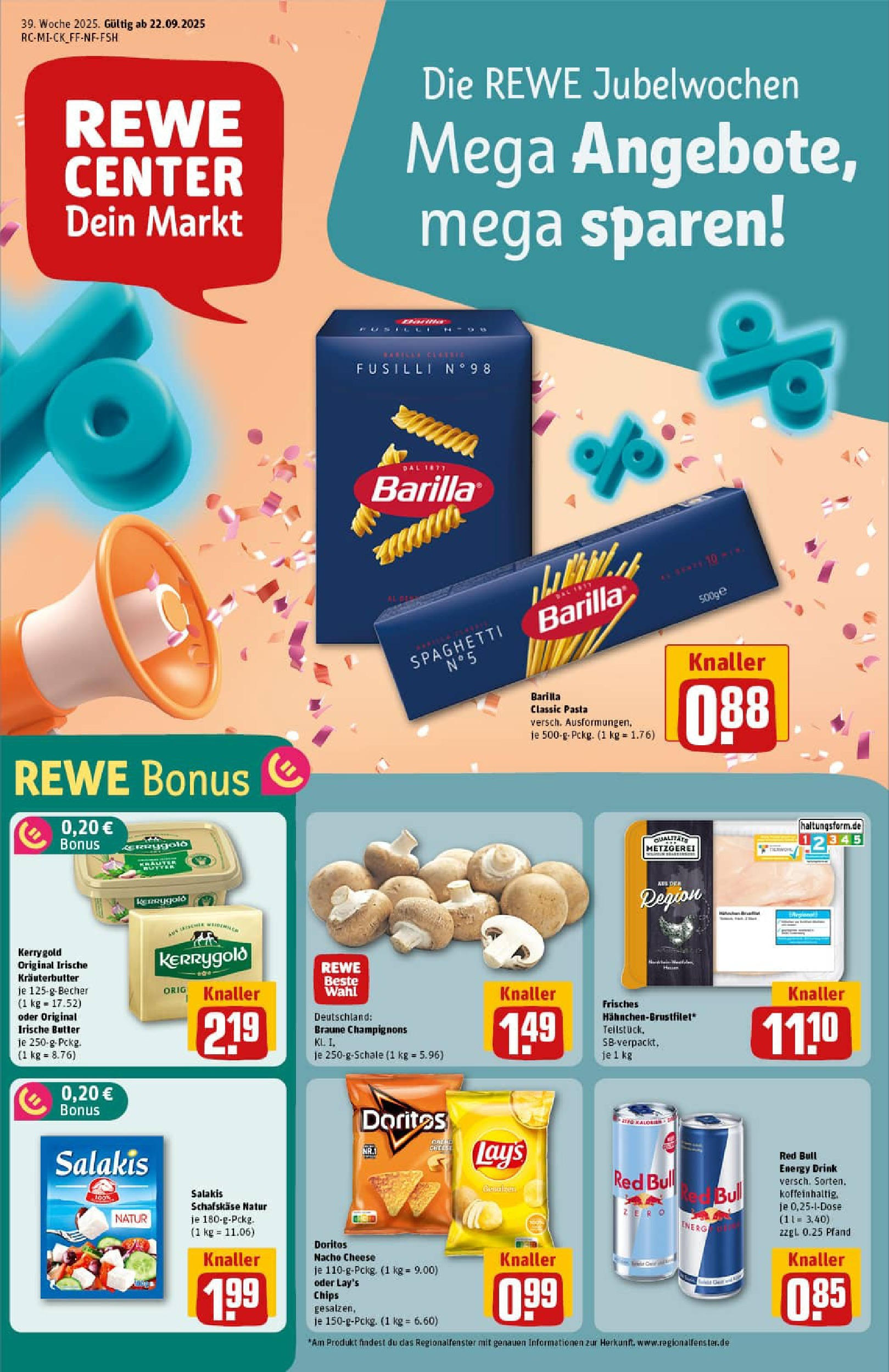 REWE Prospekt ab 21.09.2025 zum Blättern » Angebote | Seite: 1 | Produkte: Red bull, Barilla, Salakis, Schafskase