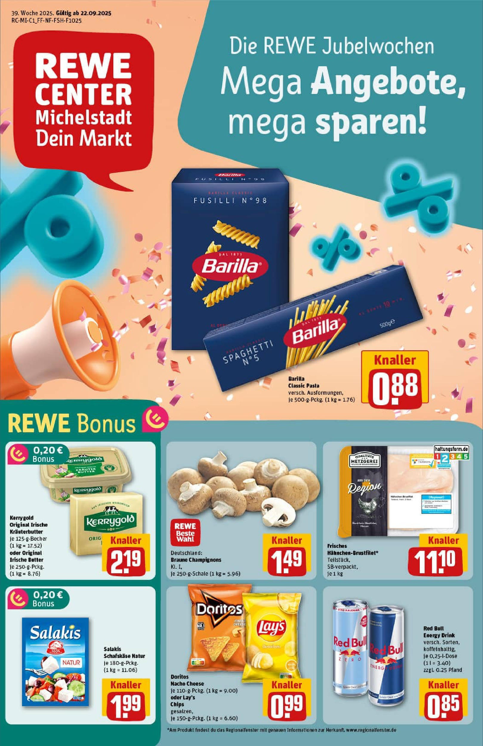 REWE Prospekt ab 21.09.2025 zum Blättern » Angebote | Seite: 1 | Produkte: Butter, Barilla, Pasta, Chips
